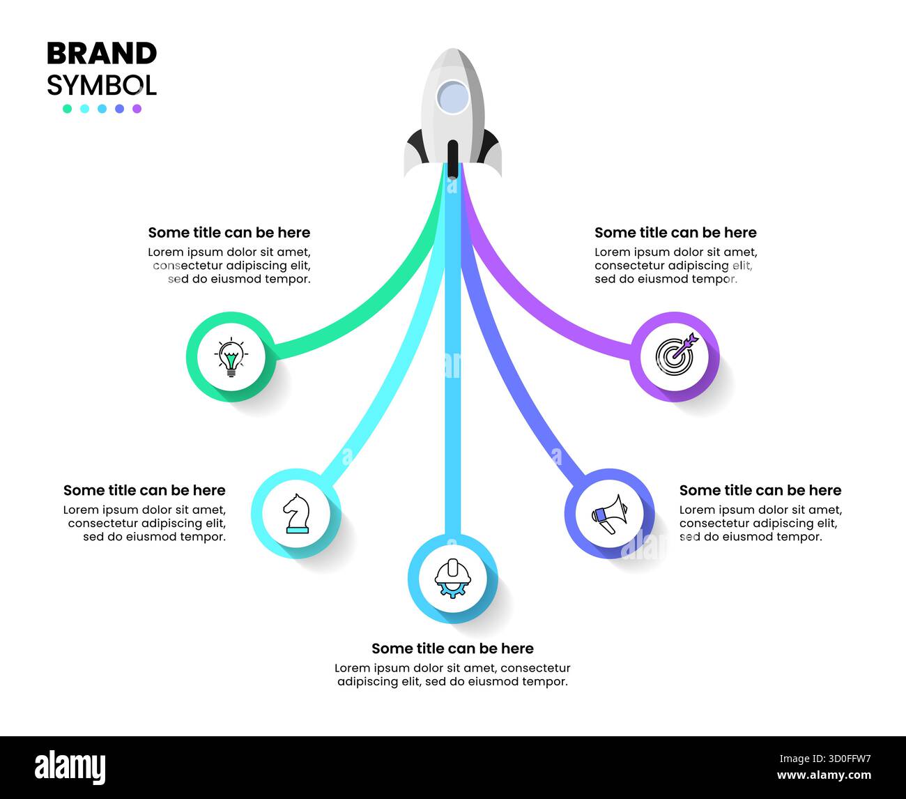 Modello infografico con icone e 5 opzioni o passaggi. Razzo. Può essere utilizzato per il layout del flusso di lavoro, il diagramma, il banner, il webdesign. Illustrazione vettoriale Illustrazione Vettoriale
