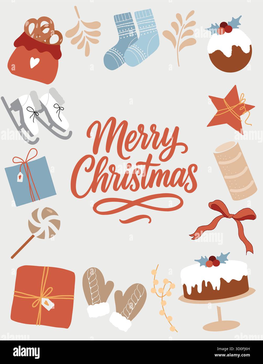 Un modello di tessera di Capodanno con l'iscrizione buon Natale. Illustrazione vettoriale piatta degli attributi delle festività. Regali disegnati a mano, prodotti da forno natalizi, calze, pattini e guanti su sfondo chiaro. Modello da cartolina, invito e volantino in stile retrò Illustrazione Vettoriale