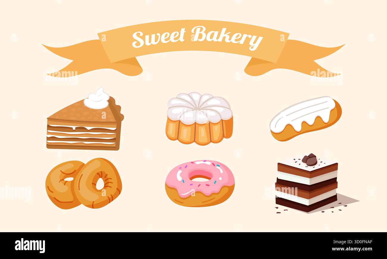 Panetteria colorata con torte, ciambelle, eclari e dolci. Graziosa collezione di dessert per design da caffè, decorazione del menu, poster e inviti. Illustrazione Vettoriale