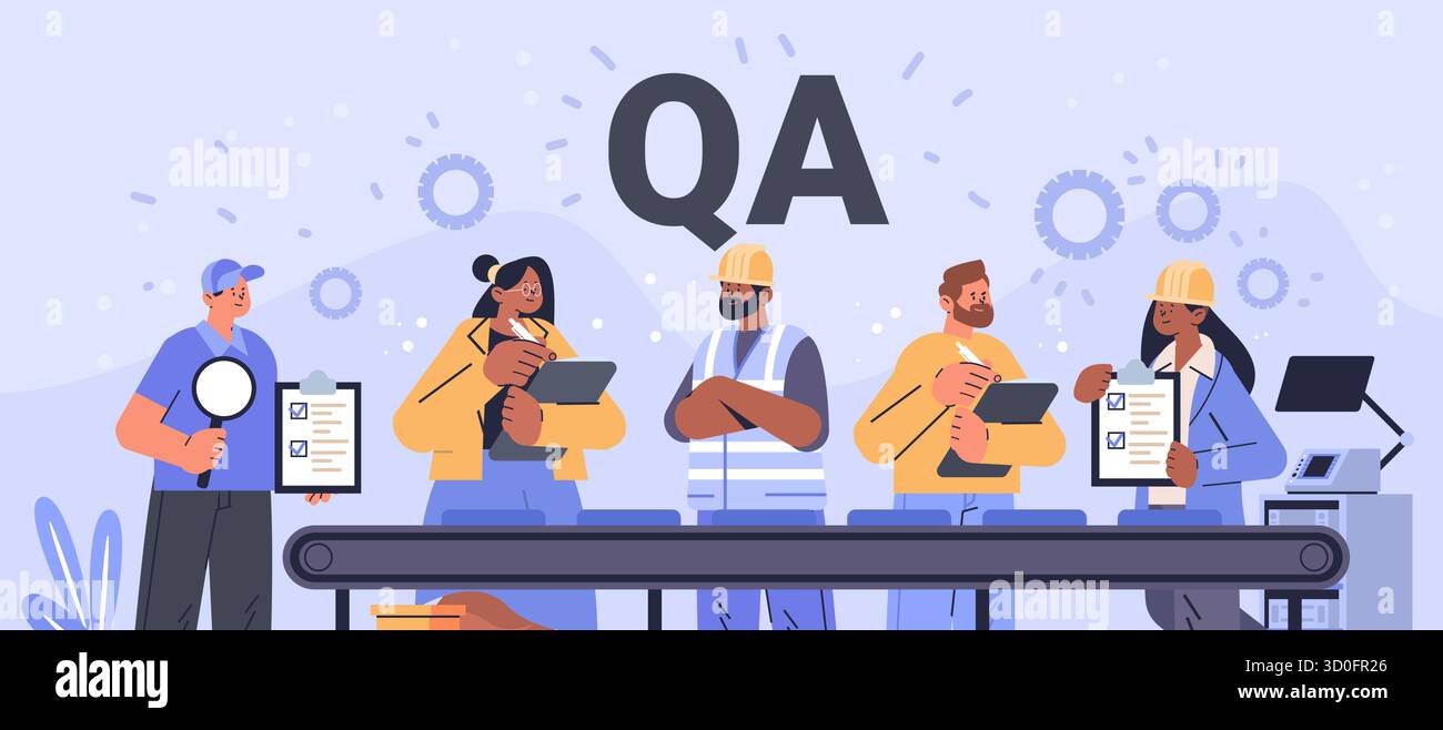 Team di controllo qualità addetti all'ispezione della fabbrica che controllano i prodotti linea di assemblaggio appunti lente di ingrandimento icone degli ingranaggi sfondo industriale moderno Illustrazione Vettoriale