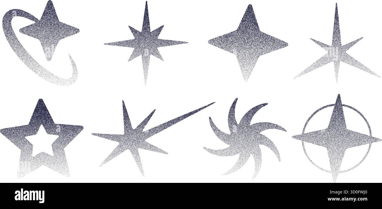 Set di illustrazioni vettoriali collage trendy con sfumature in stile y2k a forma di stella a grana. Illustrazione Vettoriale