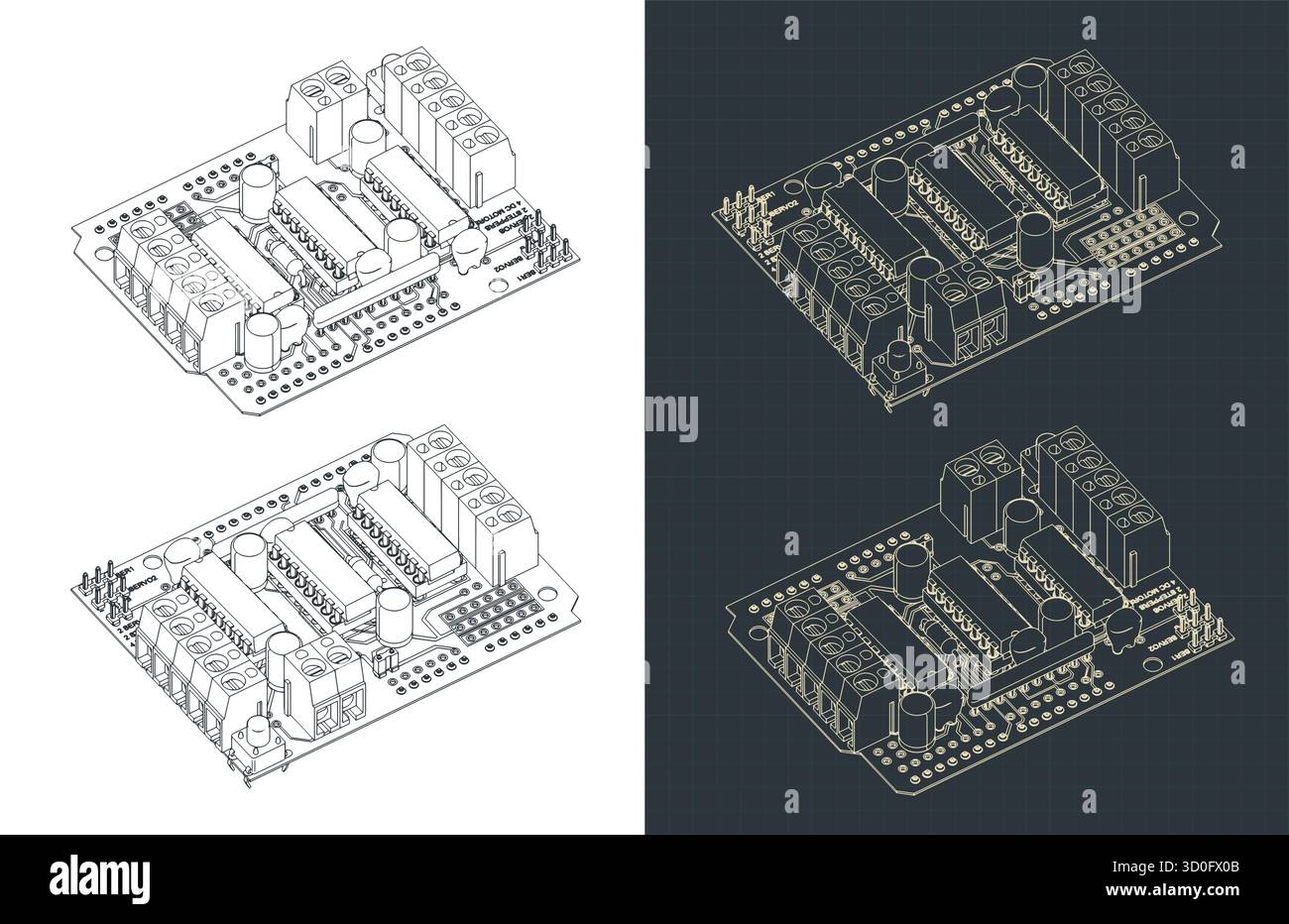 Il driver del servomotore scherma i disegni isometrici illustrazioni vettoriali stilizzate Illustrazione Vettoriale