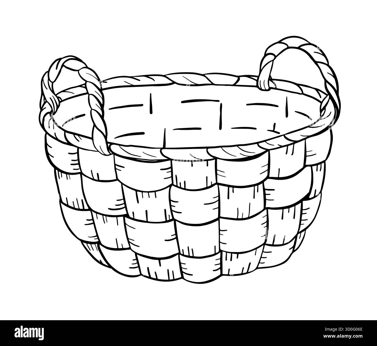 Cestello in vimini in stile rustico disegnato a mano. Classico contenitore di campagna utilizzato per la raccolta, le uova, la frutta o il pane. Azienda agricola obje Illustrazione Vettoriale
