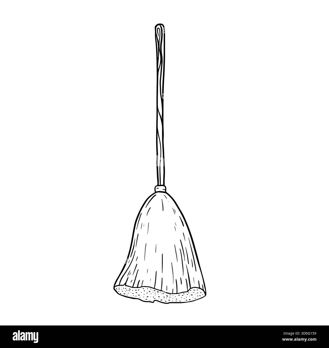 Scopa rustica in stile rustico disegnata a mano, simbolo della tradizione della pulizia della campagna. Semplice utensile per paglia utilizzato per spazzare i pavimenti di giardini o fattorie. Illustrazione Vettoriale