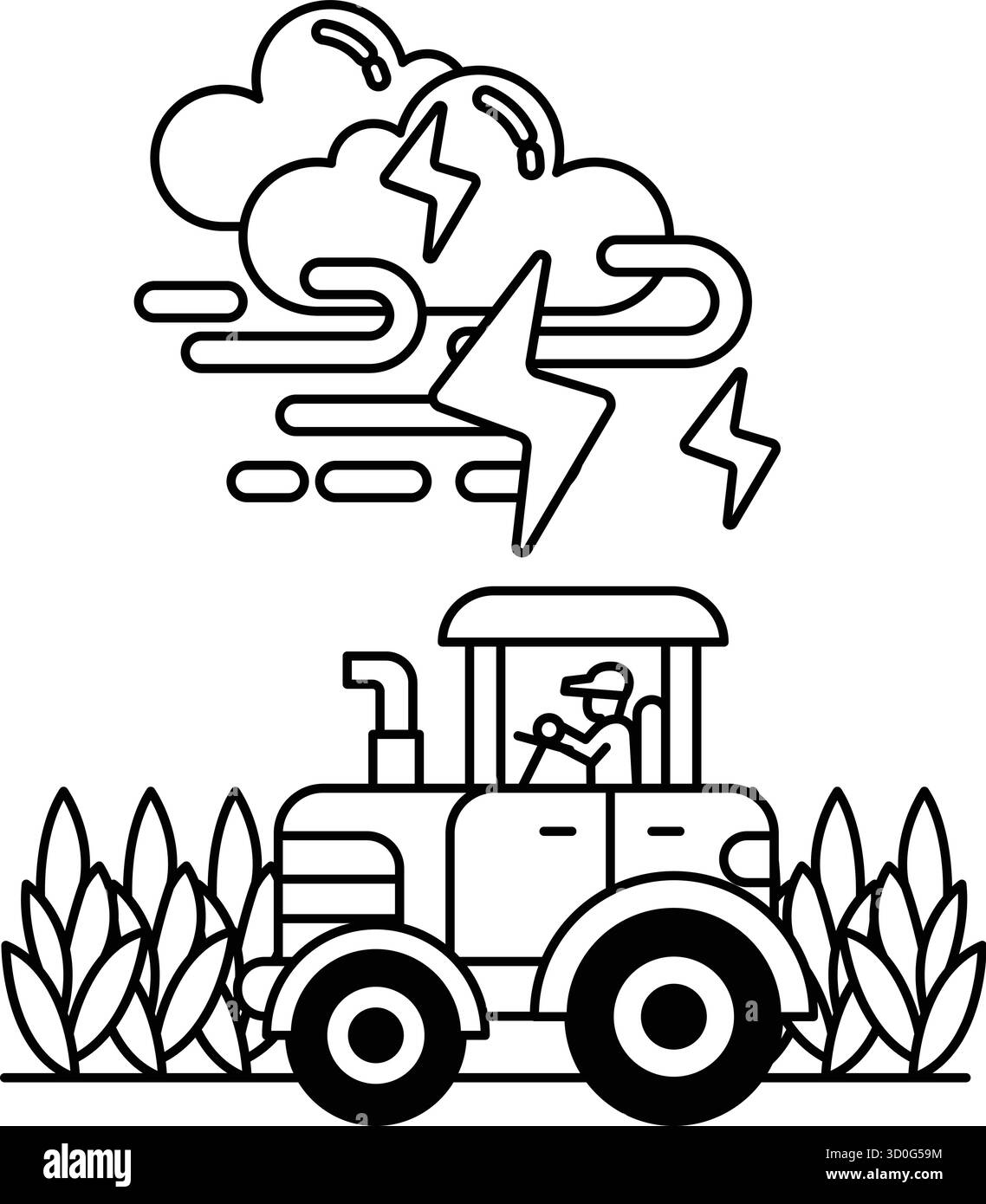 Disegno in bianco e nero di un trattore che attraversa un campo con una tempesta sullo sfondo. La tempesta è raffigurata come un fulmine che colpisce t Illustrazione Vettoriale