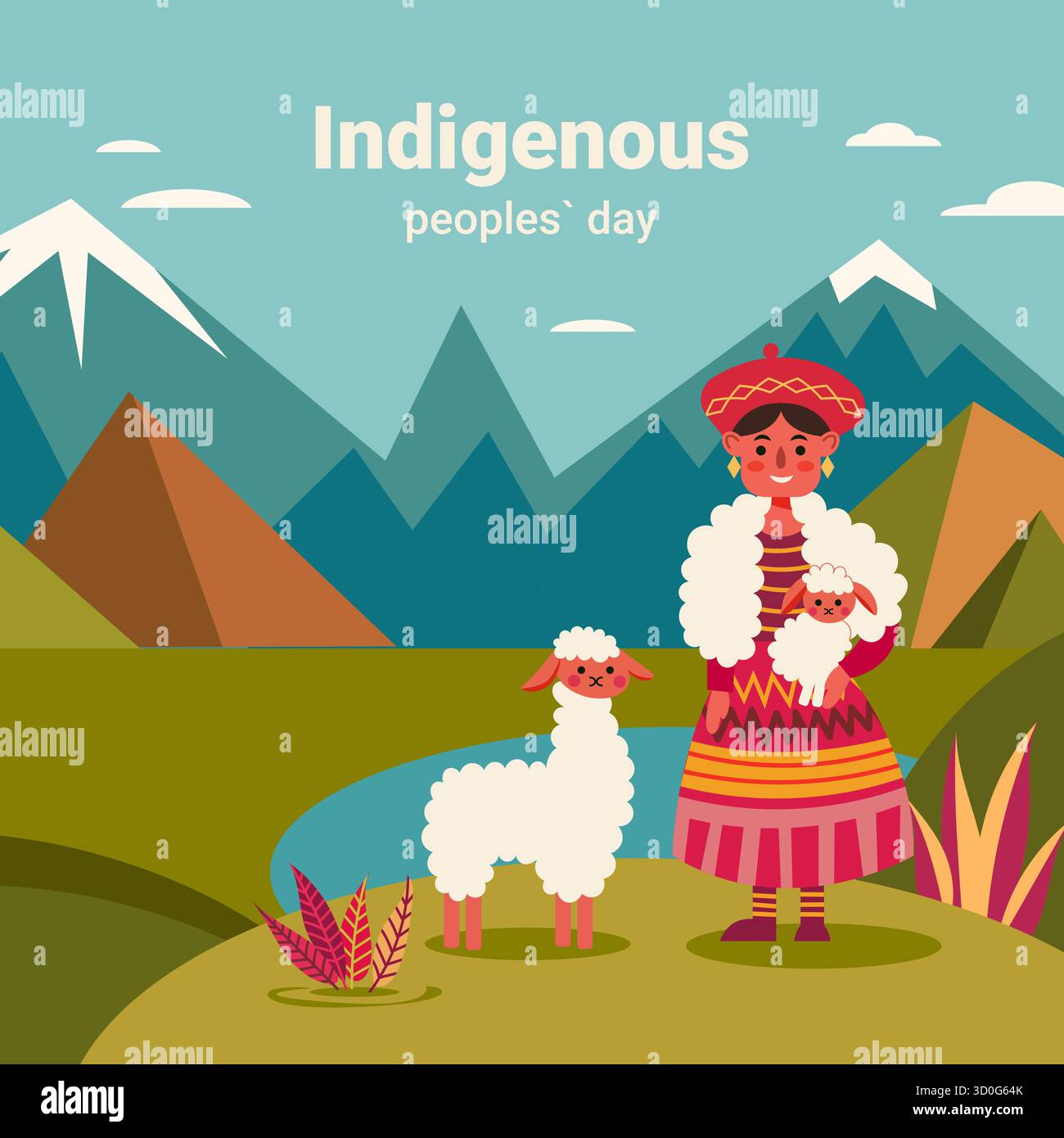 Un'illustrazione colorata che rappresenta la giornata dei popoli indigeni con una figura in abbigliamento tradizionale e un alpaca. Illustrazione Vettoriale