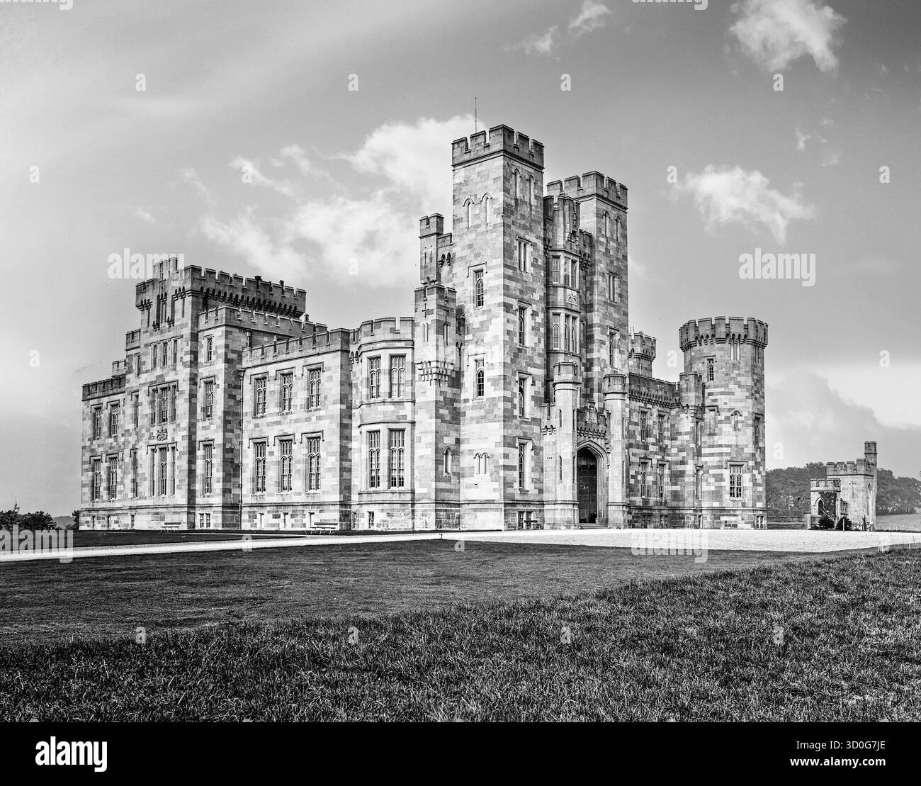 Il castello di Mitchelstown era situato nella parte settentrionale della città di Mitchelstown, nella contea di Cork, in Irlanda. Diversi edifici precedenti occuparono il sito prima che George, III conte di Kingston, costruisse un nuovo castello, la più grande casa neogotica in Irlanda, progettato da James e George Richard Pain nel 1823. Nel giugno 1922, il castello fu occupato con la forza dall'esercito repubblicano irlandese e l'allora proprietario, William Downes Webber, i suoi parenti e servitori furono "sfrattati" nelle case nella vicina King Square. Il 12 agosto 1922, il castello di Mitchelstown fu bruciato per ordine di un leader repubblicano locale. Foto Stock
