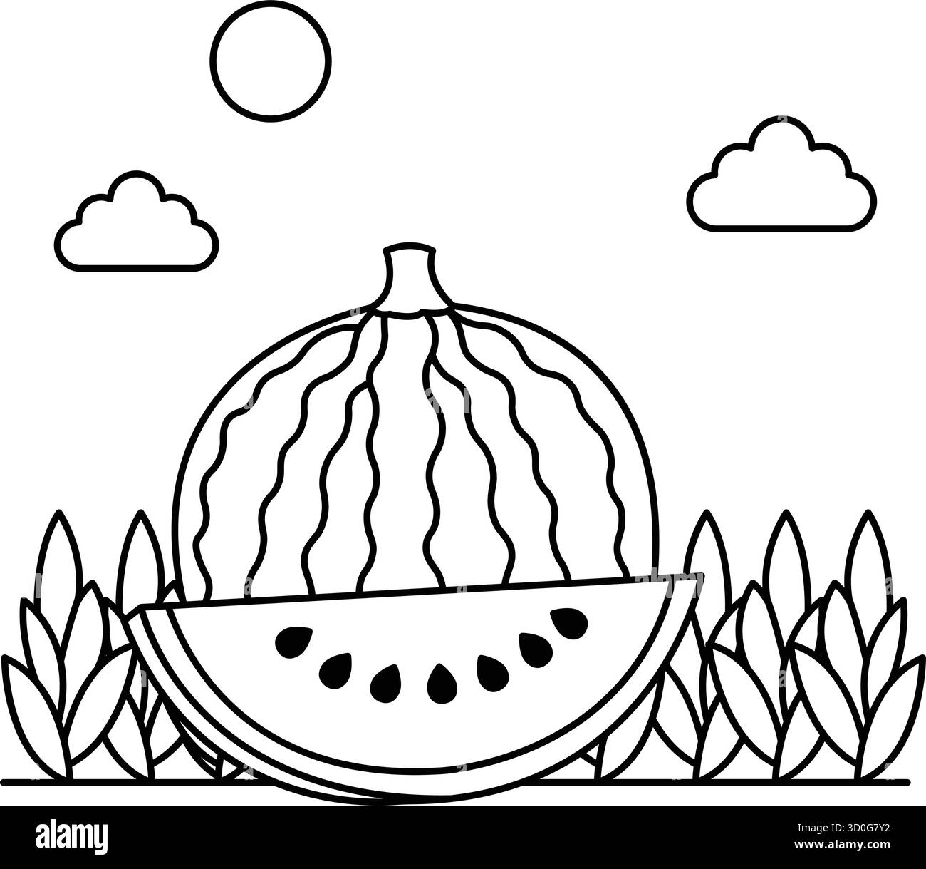 Un anguria è tagliata a metà e si trova a terra. Il cielo è nuvoloso e il sole splende Illustrazione Vettoriale
