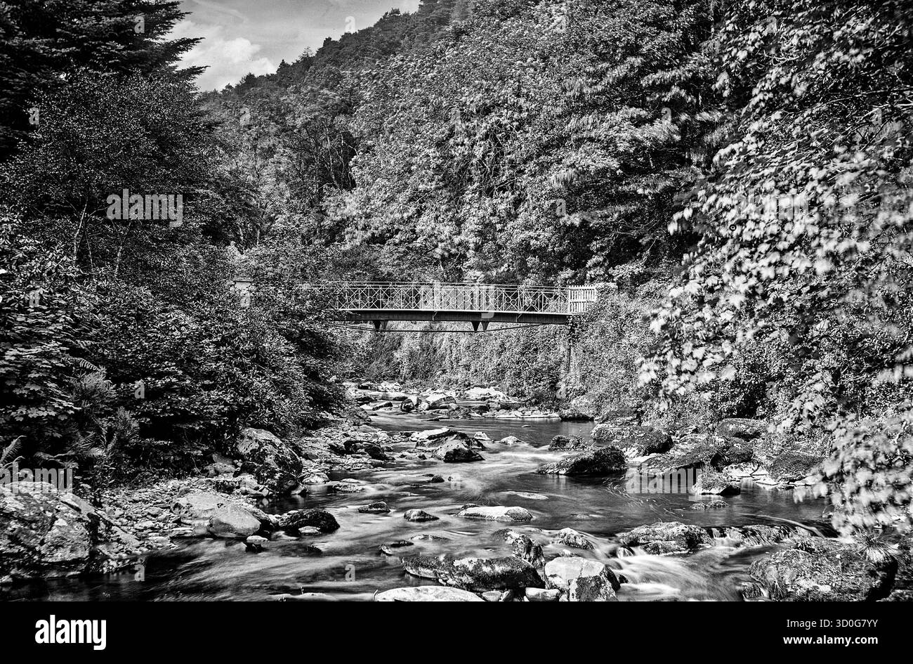 Lady Louise's Bridge sul fiume Blackwater a Lismore, Contea di Waterford, Irlanda. Lady Louisa Caroline Cavendish (1835-1907) era la figlia maggiore del VII duca di Devonshire, la cui famiglia aveva acquisito il castello di Lismore nel XVIII secolo. Lady Louisa apparentemente prese il controllo della famiglia in giovane età, ed era responsabile di aver disposto un certo numero di passeggiate intorno al demesne, inclusa la passerella, ora non più con solo gli abutment in pietra o cemento rimasti. Foto Stock