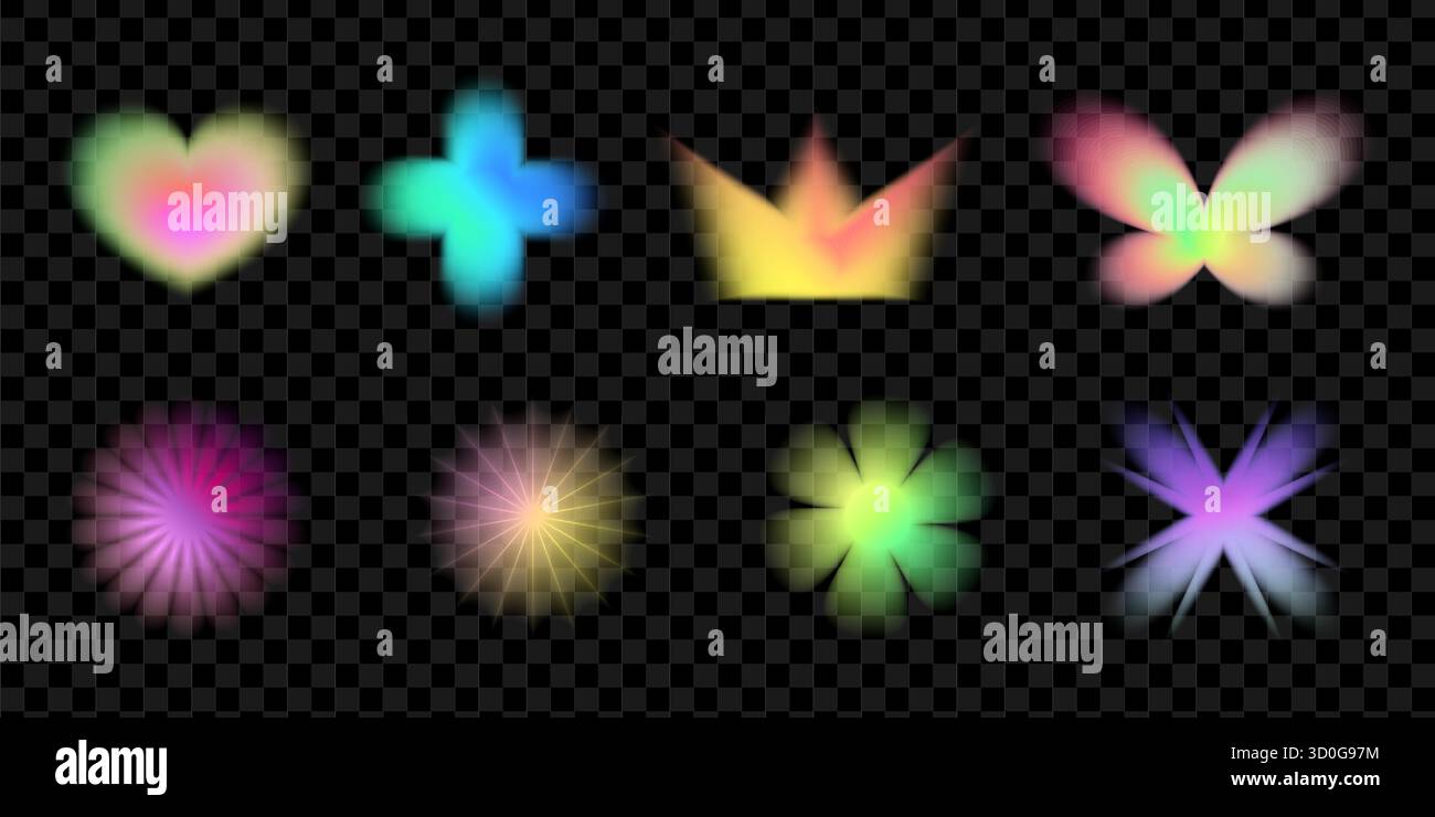 Futuristico gradiente Y2K con cuori, stelle e farfalle. Brillante bagliore olografico nelle tonalità rosa e viola. Forme retrò alla moda per poster e. Illustrazione Vettoriale