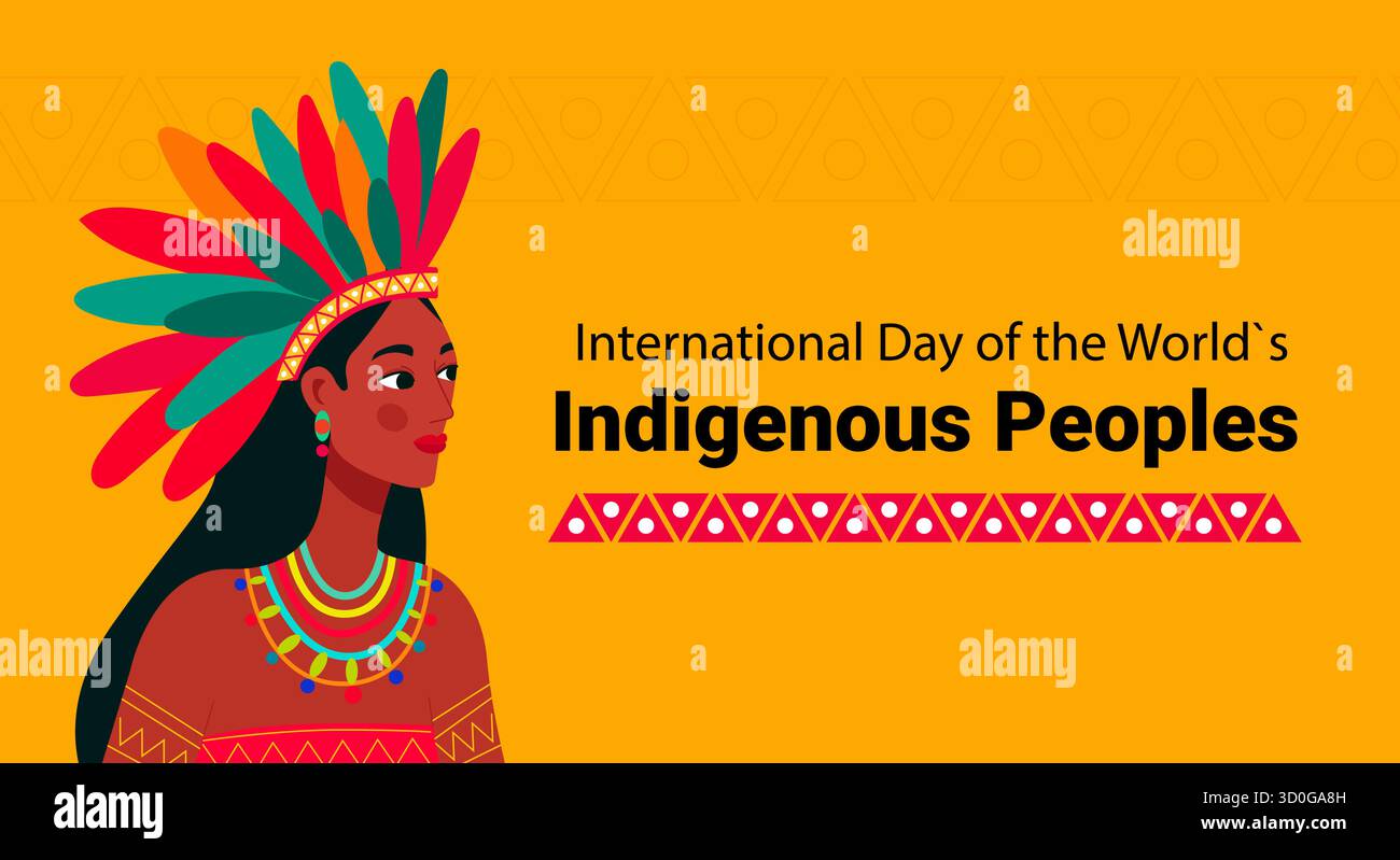 Vivace illustrazione che celebra la giornata internazionale dei popoli indigeni con una donna in abbigliamento tradizionale e gioielli colorati. Illustrazione Vettoriale