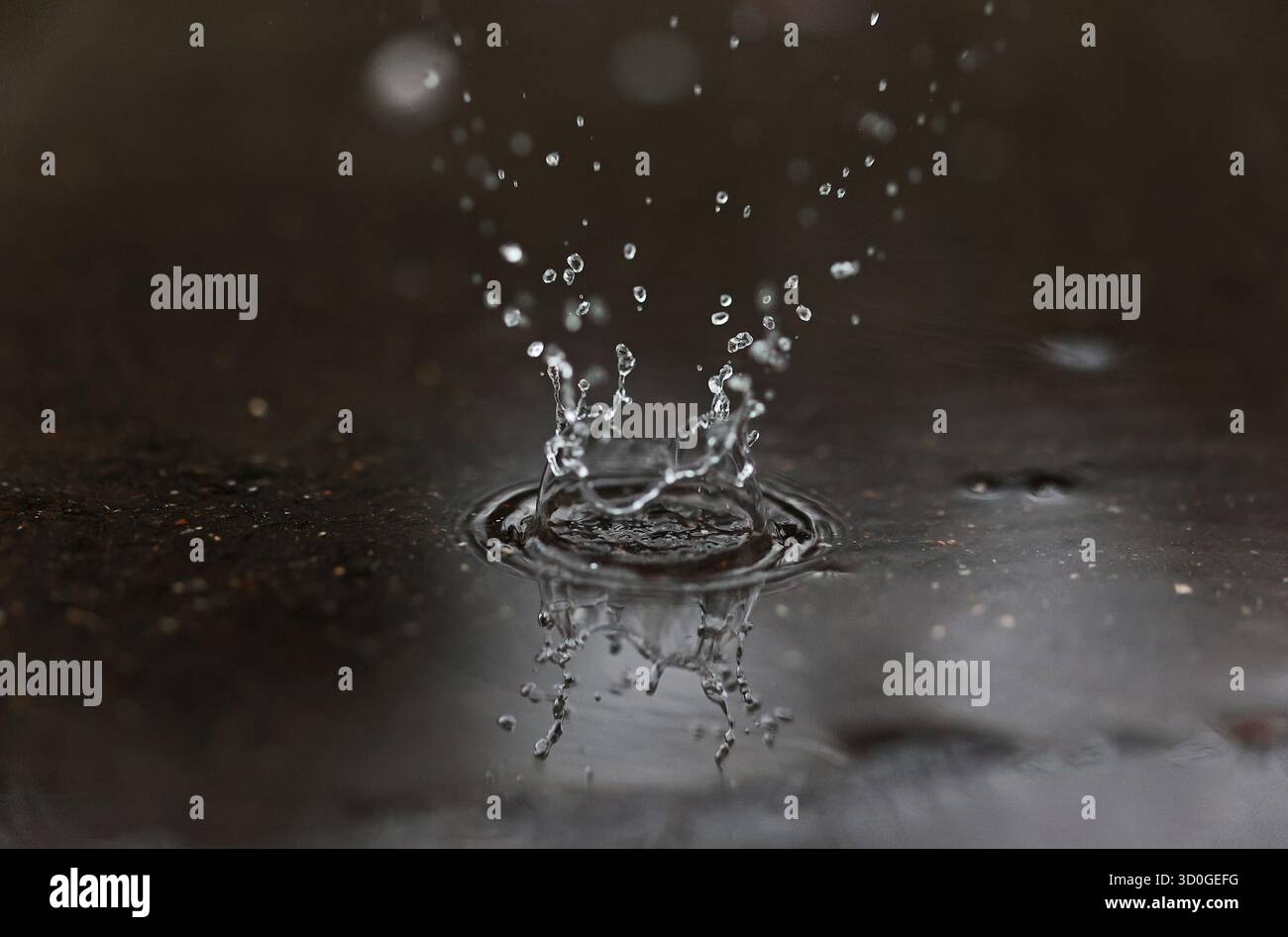 Scatto ad alta velocità di una goccia d'acqua che spruzza e crea una forma a corona Foto Stock