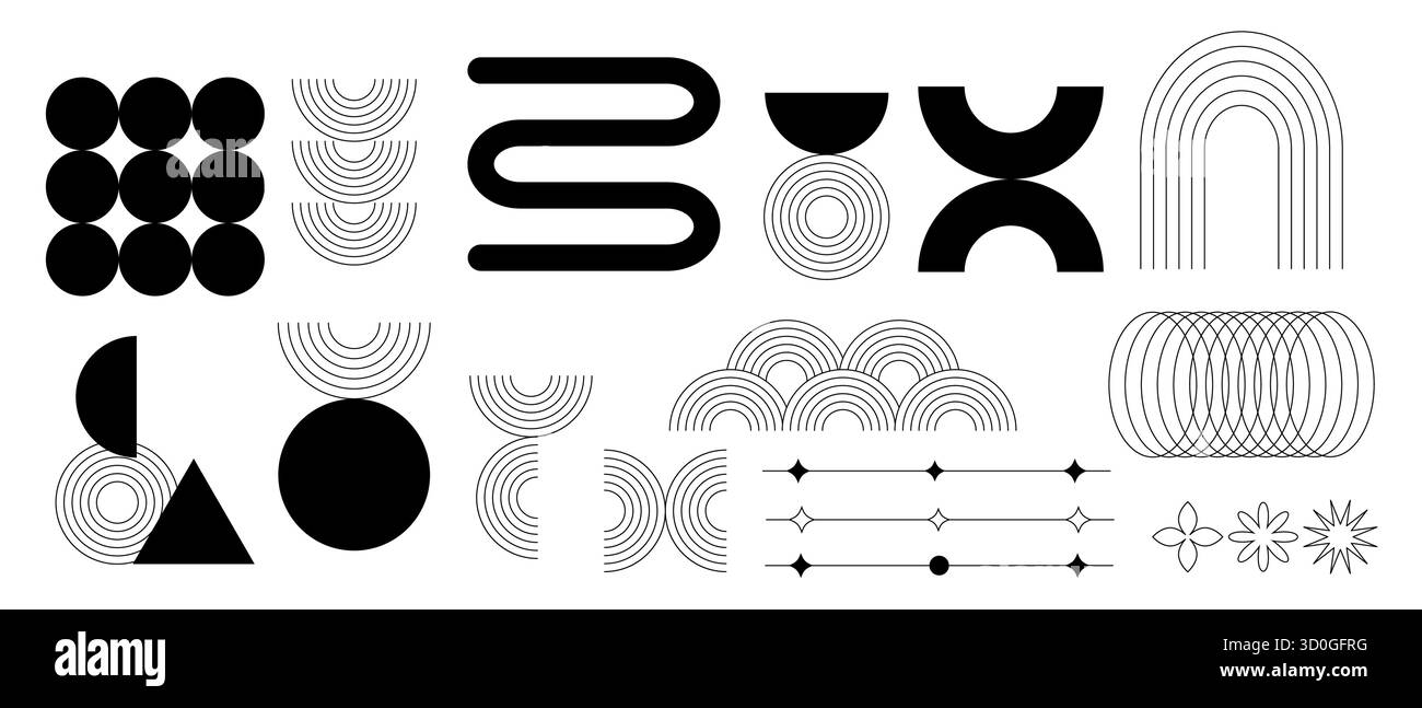 Un assortimento diversificato di forme geometriche nere e motivi intricati, ideali per progetti di progettazione grafica Illustrazione Vettoriale