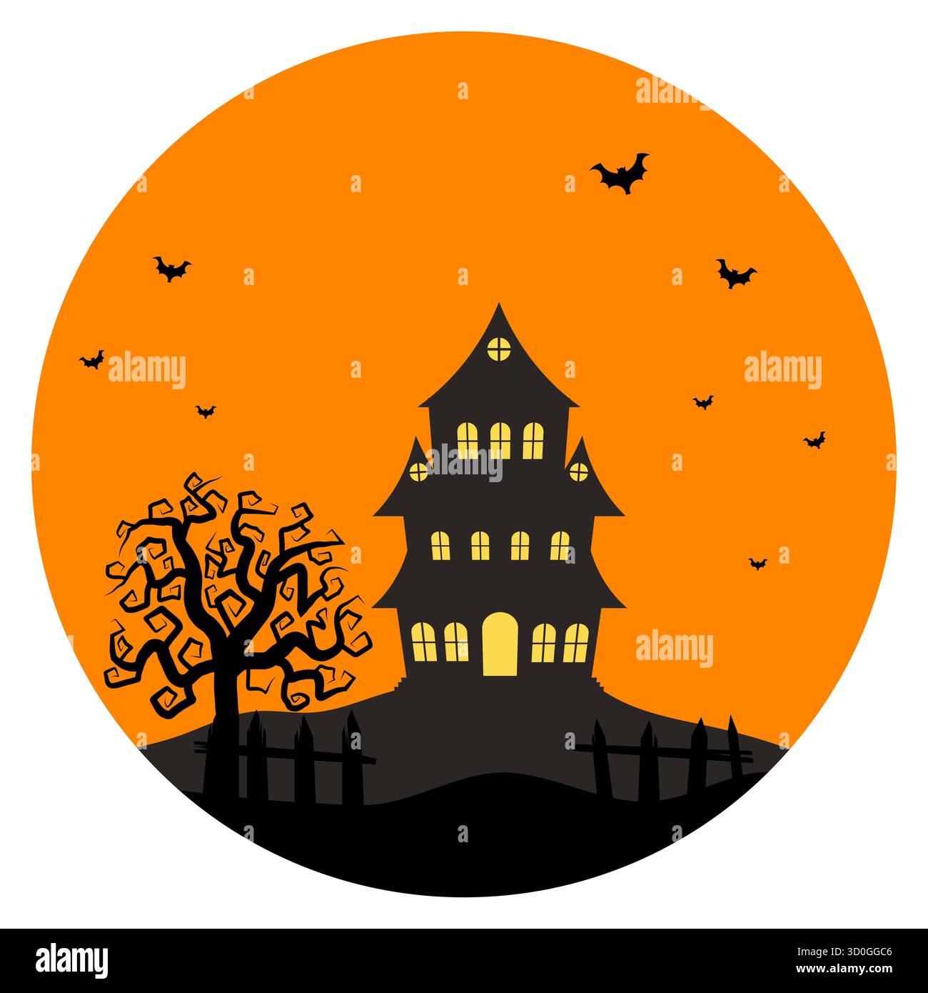 Castello inquietante e albero morto sulla collina in Una notte di luna piena Illustrazione Vettoriale