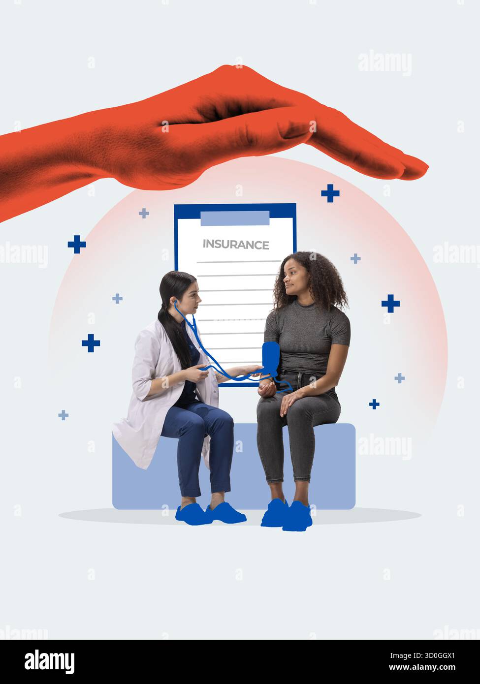 Poster grafico. Medico che esamina il paziente sotto la mano protettiva che simboleggia il supporto sanitario e assicurativo Foto Stock