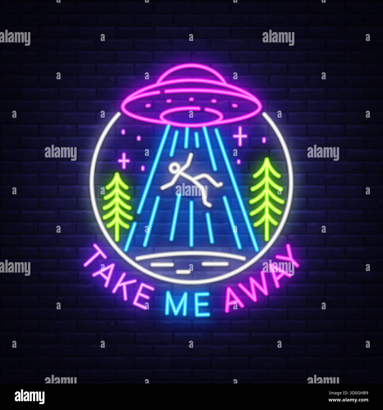 Insegna al neon con un UFO luminoso che irradia un umano nella foresta. Text Take me Away evidenzia l'umore surreale. Brillante illustrazione vettoriale in stile retrò Illustrazione Vettoriale