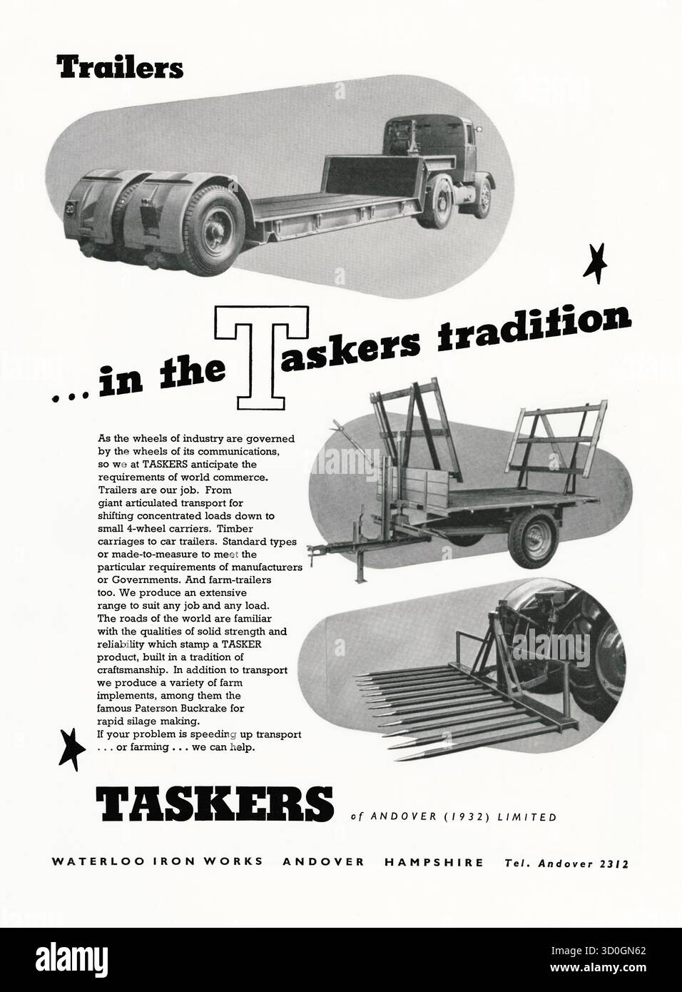 Un annuncio del 1951 per i rimorchi di camion e gli attrezzi agricoli. Questo apparve in una rivista di design che segnava le celebrazioni del Festival of Britain in Gran Bretagna quell'anno. Le fotografie mostrano una gamma di prodotti, tra cui un caricatore basso grande (superiore), un rimorchio agricolo (centrale) e un rastrello del trattore (inferiore). I tasker erano una società di ingegneria e lavorazione dei metalli con sede ad Andover, Hampshire, fondata da Robert Tasker negli anni '1800 Nel 1932, la società è stata ripresa, come taskers di Andover (1932) Limited, attraverso la produzione di semirimorchi - grafica vintage degli anni '1950. Foto Stock