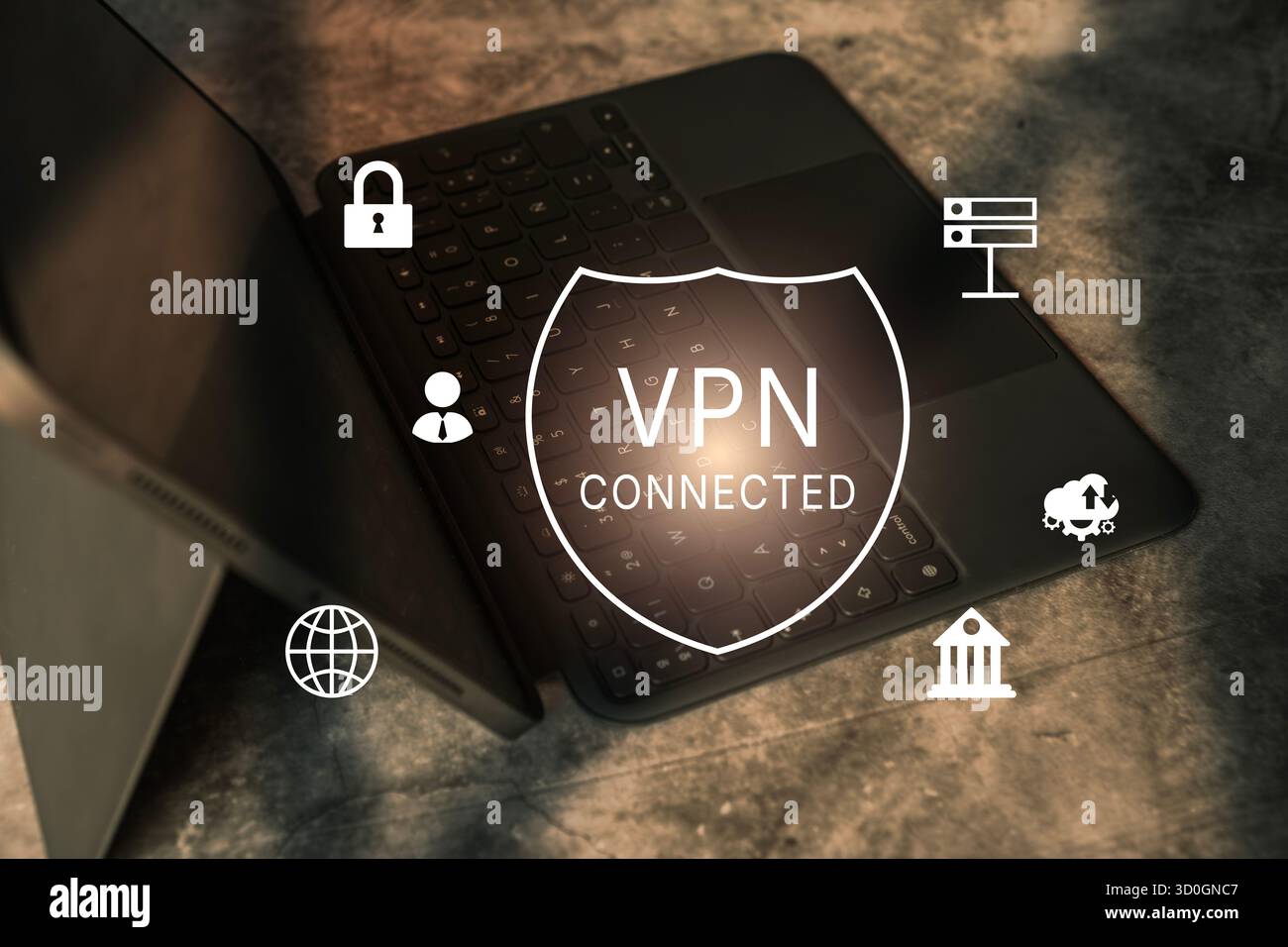 Utilizzo di una VPN su un tablet digitale. Concetto del sito Web del servizio di connessione VPN. Sicurezza globale e connessione alla privacy. Foto Stock