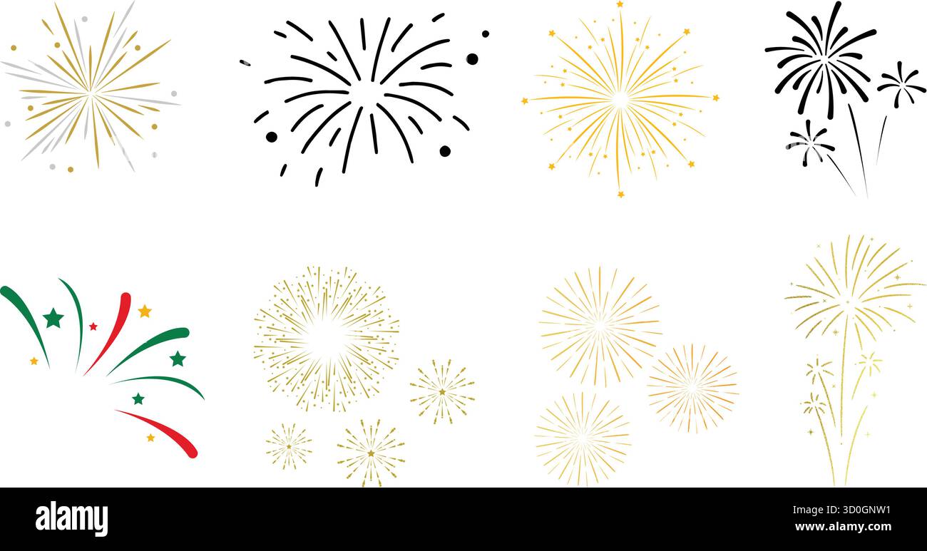 Collezione di illustrazioni fuochi d'artificio, perfetta per la vigilia di Capodanno, il giorno dell'indipendenza o qualsiasi celebrazione Illustrazione Vettoriale