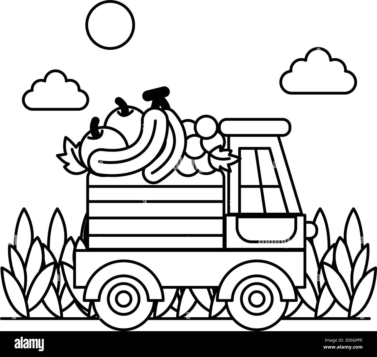 Un furgone cartoni animati sta percorrendo una strada con un mucchio di frutta in cima. Il carrello trasporta mele e arance Illustrazione Vettoriale
