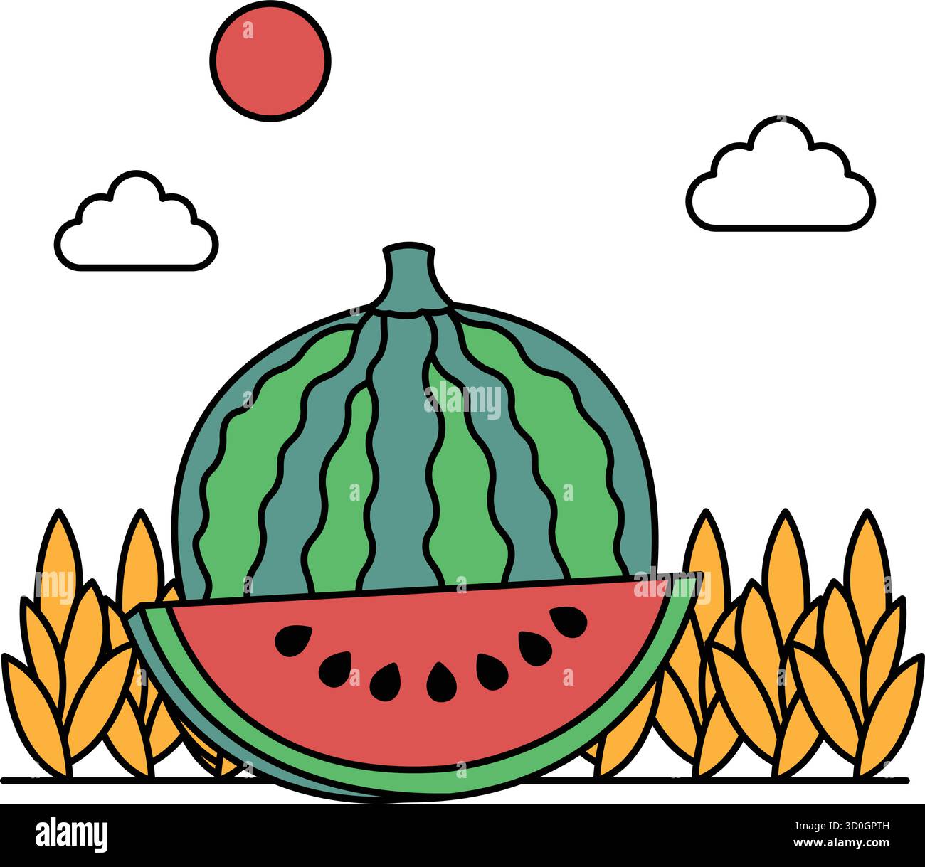 Un anguria è tagliata a metà e si trova a terra. Il cielo è nuvoloso e il sole splende Illustrazione Vettoriale