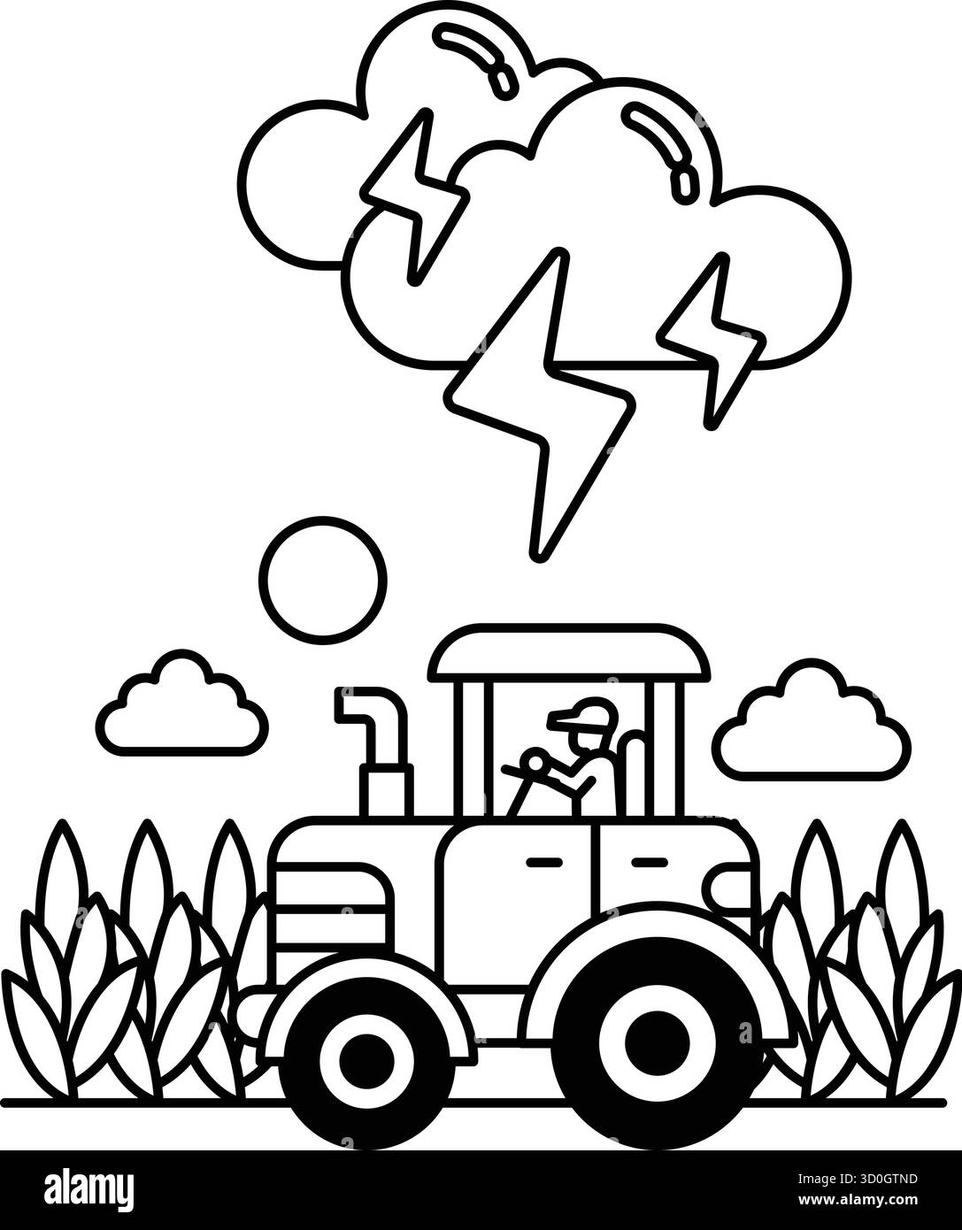 Disegno in bianco e nero di un trattore che attraversa un campo con una tempesta sullo sfondo. L'uomo che guida il trattore indossa un cappello Illustrazione Vettoriale