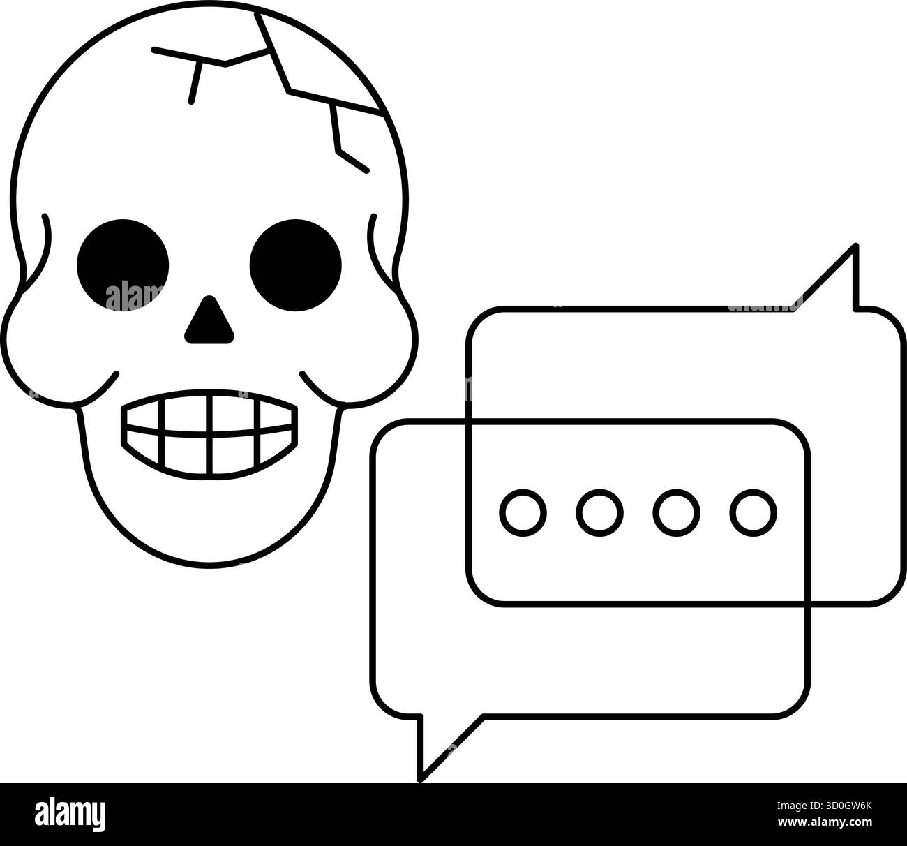 Un cranio sorride e ha una bocca aperta con i denti che mostrano. Accanto al cranio è presente una chat box Illustrazione Vettoriale Un cranio sorride e ha una bocca aperta con i denti che mostrano. Accanto al cranio è presente una chat box Illustrazione Vettoriale