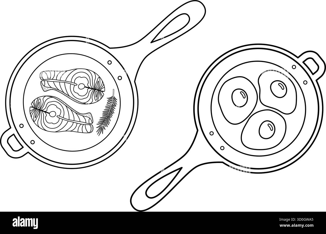 Bistecca di salmone con gamberetto di rosmarino e uova fritte in un pittogramma con icona di un adesivo esperto Set dal design minimale. Illustrazione vettore isolato mangiare sano contenuto correlato ricette Menu carte, opuscolo, prezzo Illustrazione Vettoriale