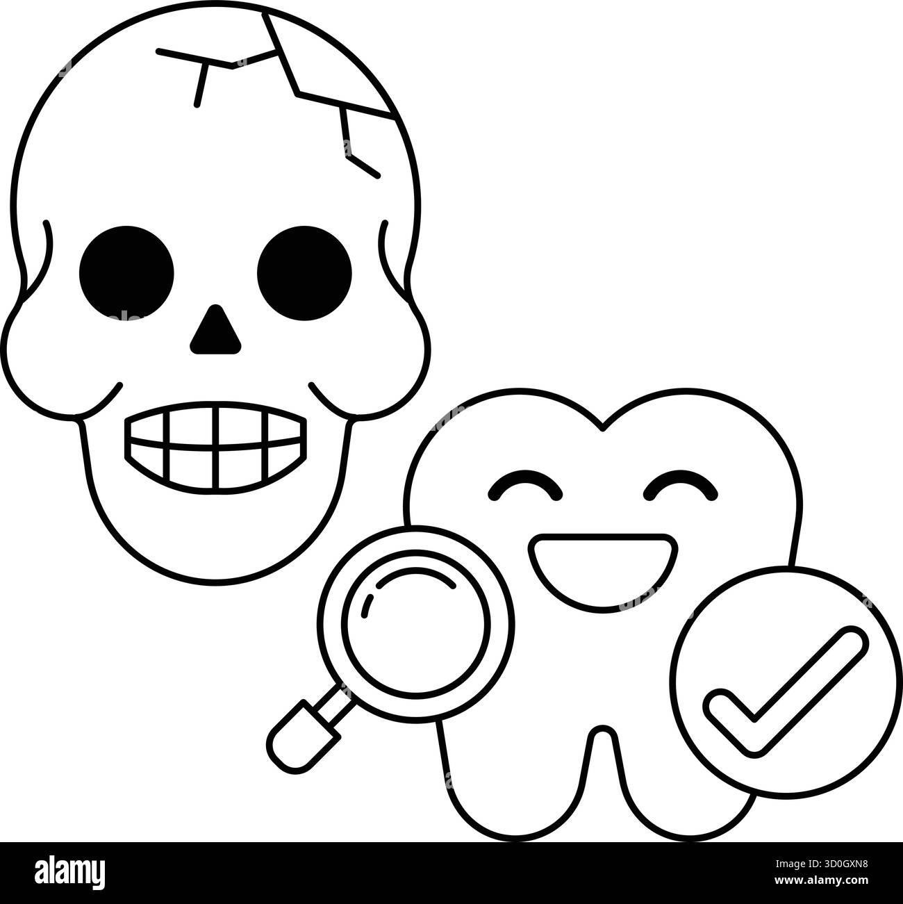 Un cranio e un dente sono disegnati in bianco e nero. Il cranio sorride e il dente è felice. Concetto di umorismo e leggerezza Illustrazione Vettoriale Un cranio e un dente sono disegnati in bianco e nero. Il cranio sorride e il dente è felice. Concetto di umorismo e leggerezza Illustrazione Vettoriale