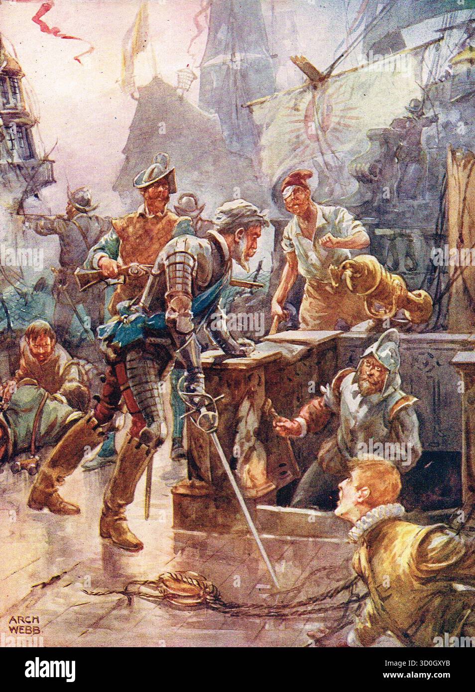 Sir Richard Grenville ordinò che il galeone inglese Revenge venisse affondato, nella battaglia di Flores, nel 1591 Foto Stock