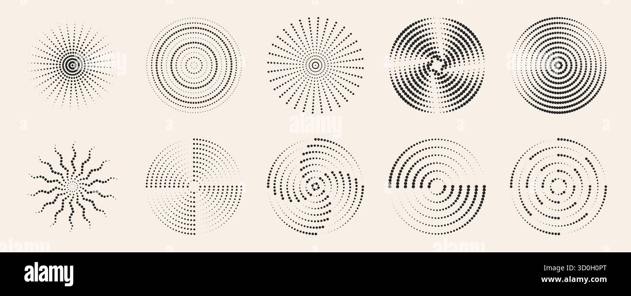 Pattern a ondulazione radiale con punti con cerchi concentrici e formazioni a spirale su sfondo beige. Design geometrico a puntini neri con texture a mezzitoni. Effetti di movimento circolare minimalista astratto. Illustrazione Vettoriale
