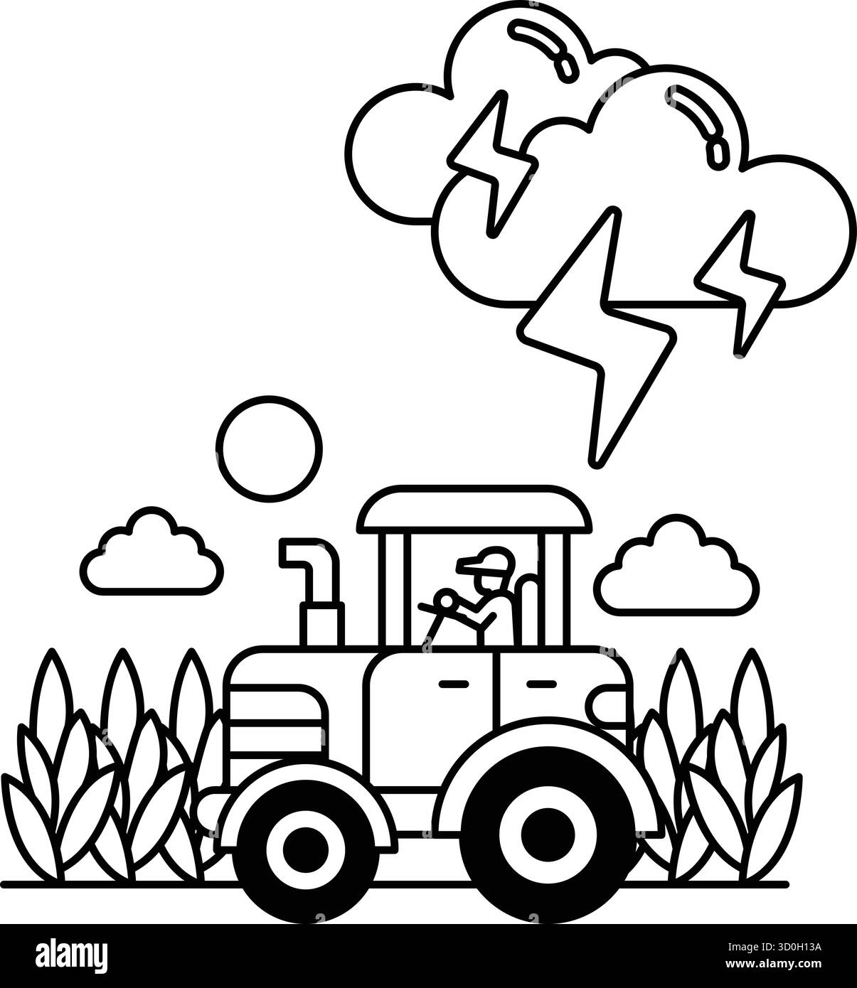 Un trattore sta attraversando un campo con una tempesta sullo sfondo. Il cielo è nuvoloso e il sole splende. L'uomo che guida il trattore indossa Illustrazione Vettoriale