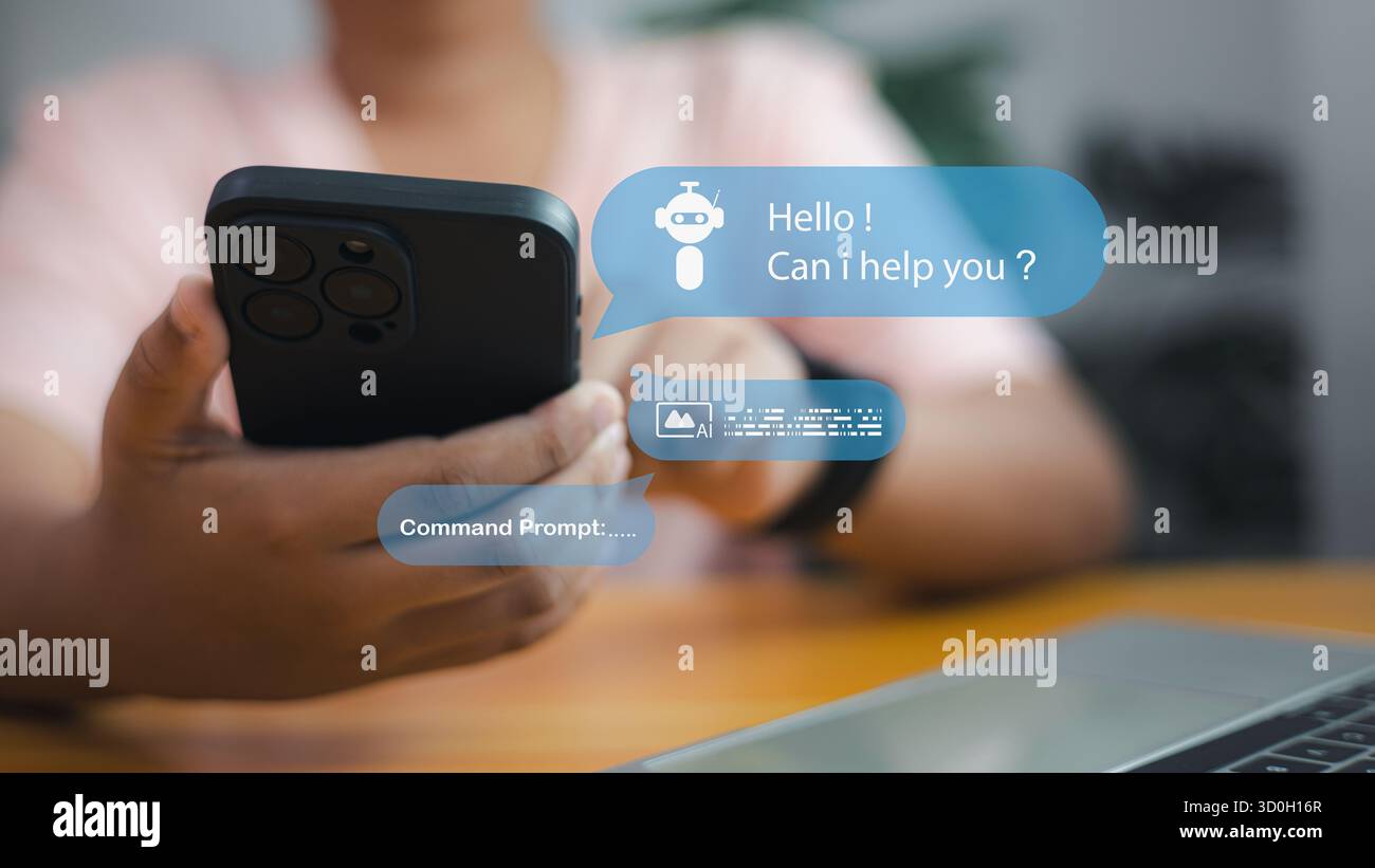 Persona che utilizza lo smartphone con assistente chatbot ai per il servizio clienti. Concetto di intelligenza artificiale, assistente virtuale e comunicazione online Foto Stock