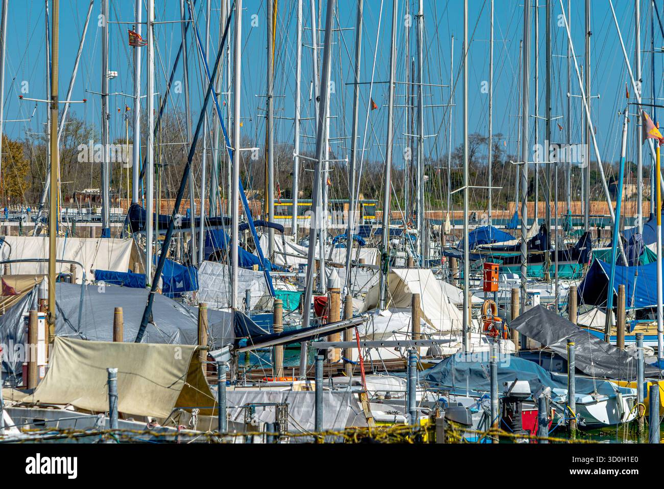 Alberi di yacht e yacht ormeggiati a Marina Santelena, Isola di Sant'Elena, Venezia, Italia Foto Stock