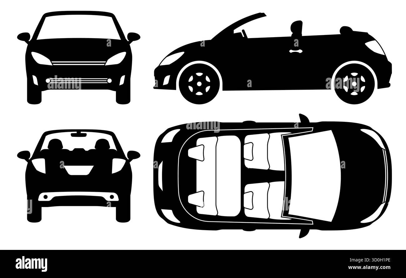 Pittogrammi vettoriali in bianco e nero di una piccola cabriolet mostrati da quattro diverse angolazioni vista laterale, anteriore, posteriore, dall'alto. Silhouette semplice e pulita Illustrazione Vettoriale