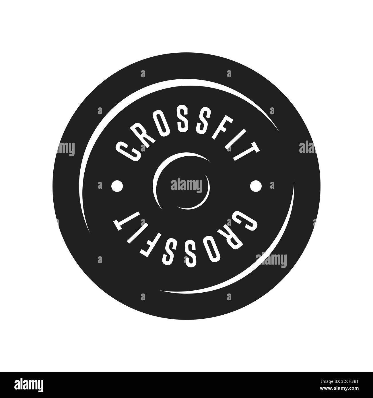 Audace logo circolare bianco e nero con testo ricurvo per un allenamento fisico ad alta intensità, simile a una piastra per pesi per attività in palestra e in allenamento Illustrazione Vettoriale