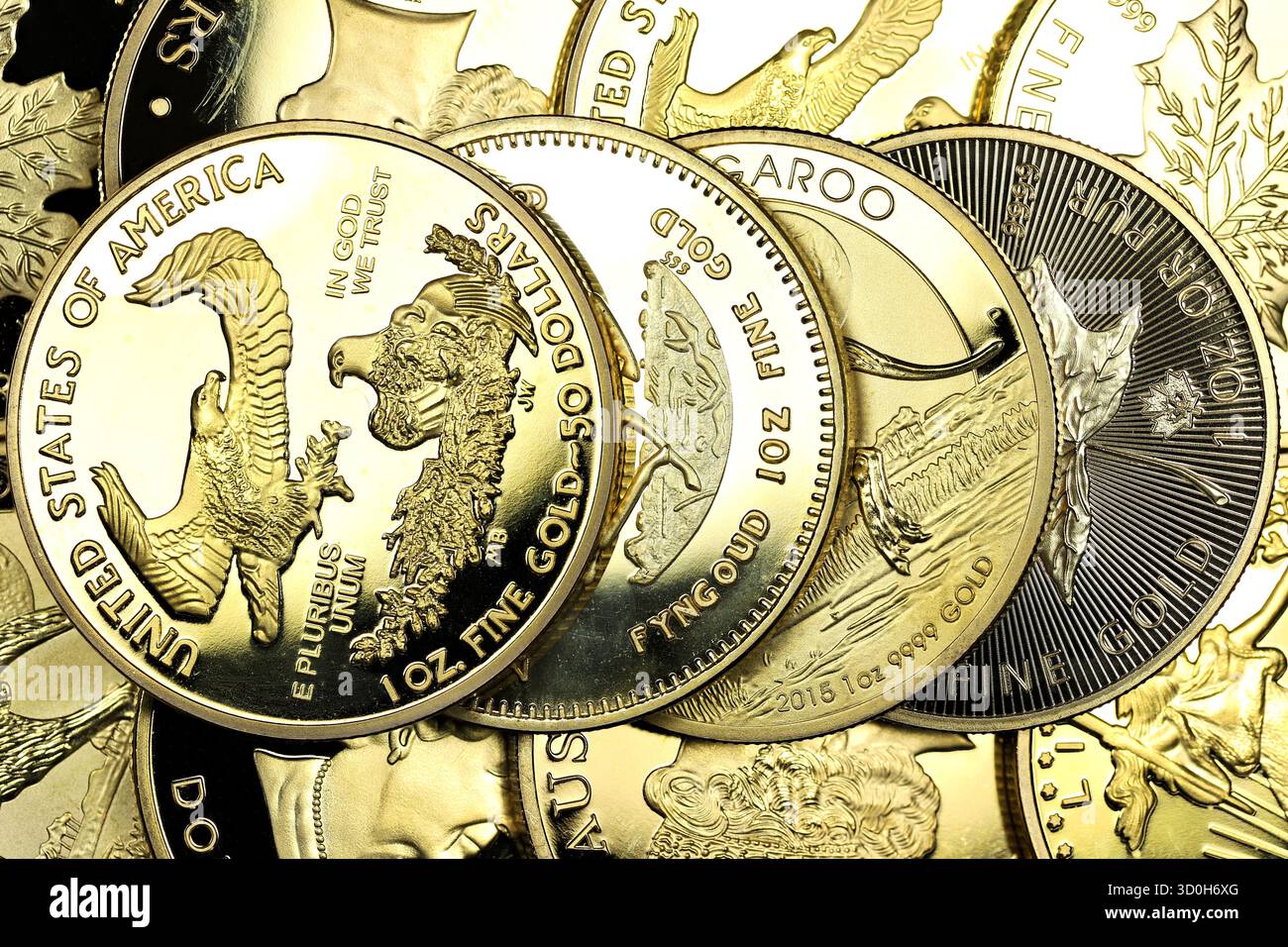 gruppo di diverse monete d'oro da 1 oncia Foto Stock