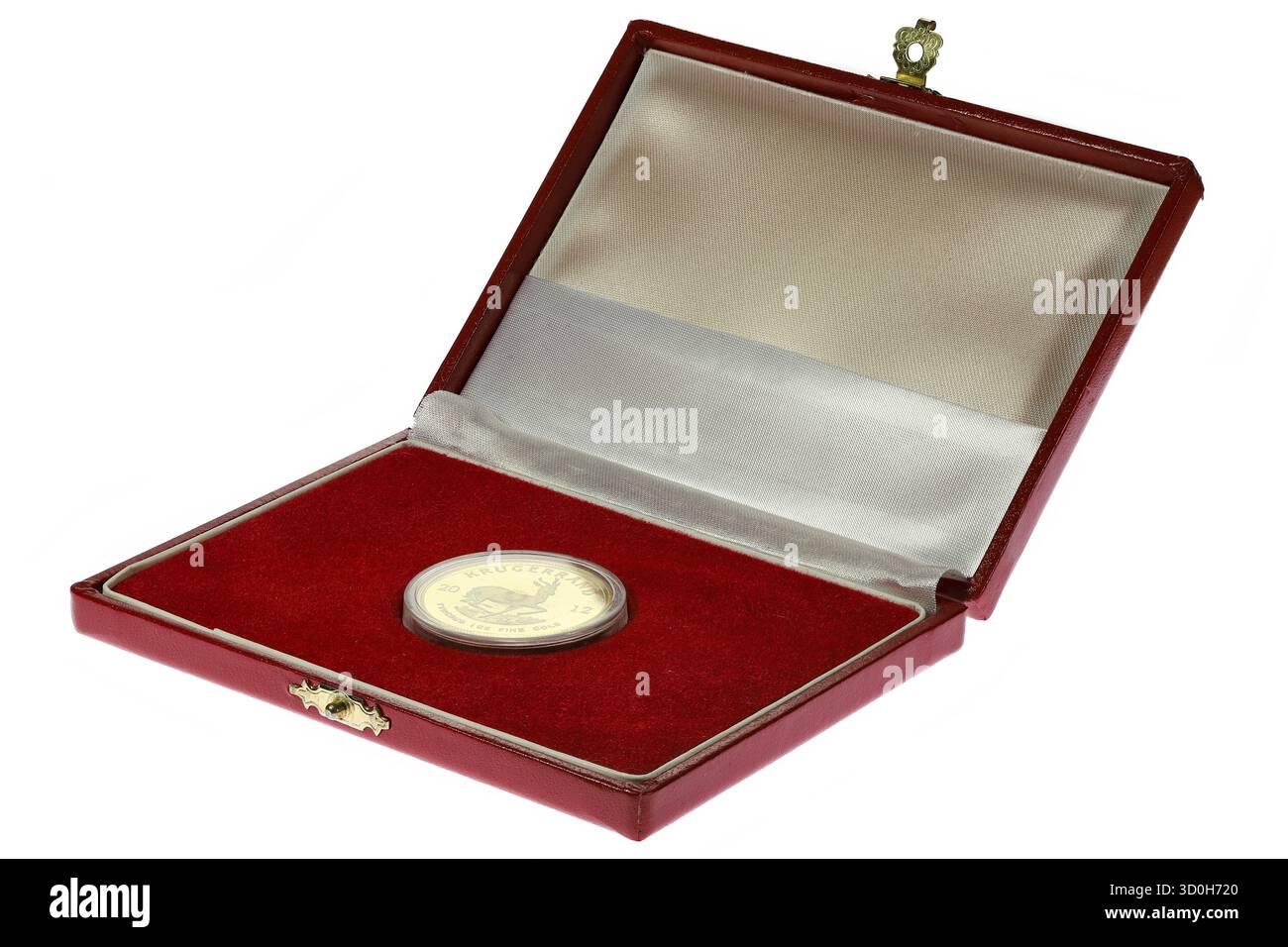 Moneta da 1 oncia d'oro sudafricana incapsulata in cassetta isolata su fondo bianco Foto Stock