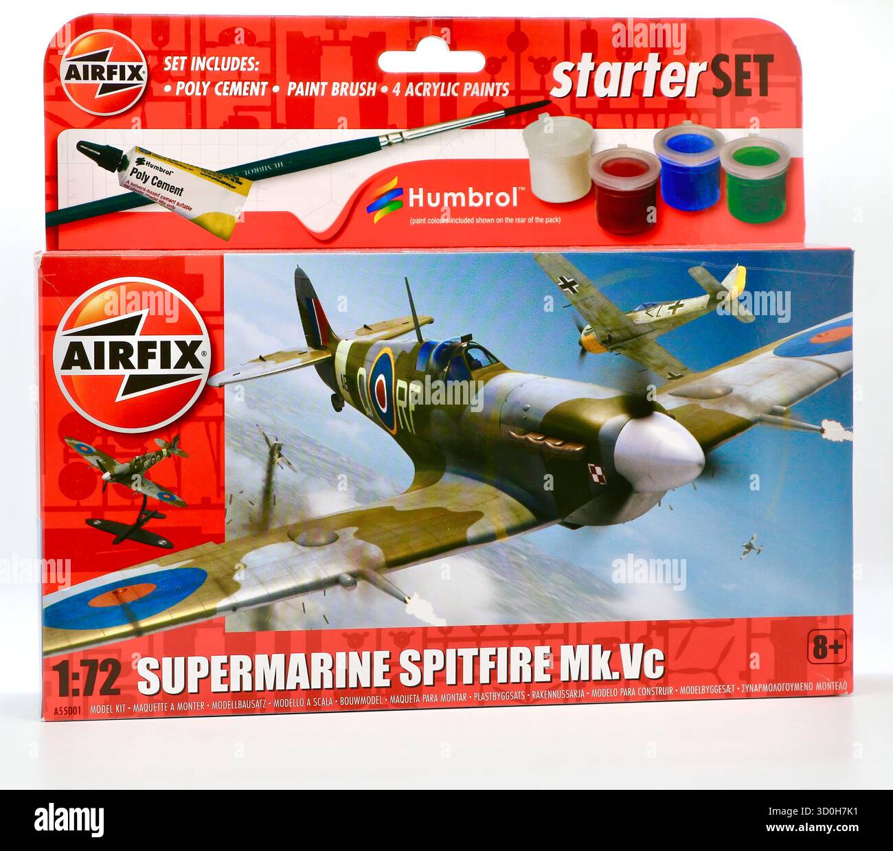 Foto della scatola contenente un kit di modelli in plastica stampata a iniezione Airfix in scala 1:72 di un Supermarine Spitfire Mark Vc del RAF 303 Polish Squadron Foto Stock