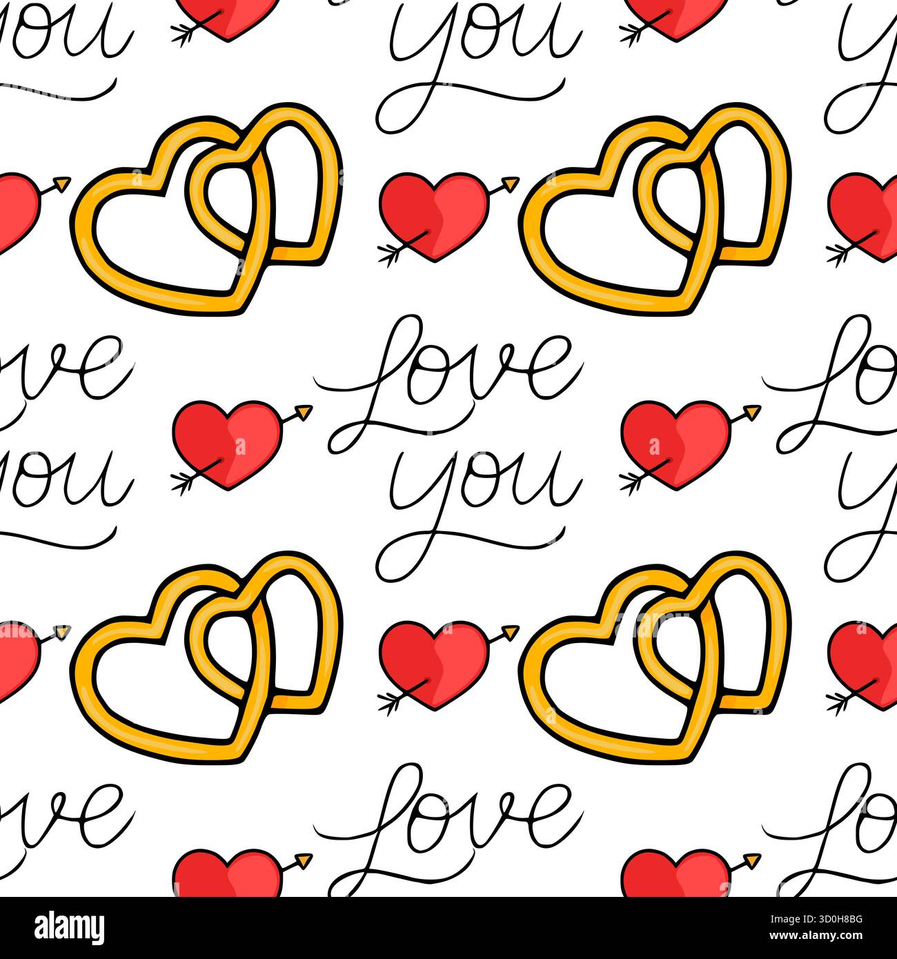 Motivo vettoriale senza cuciture di anelli in oro intrecciati e cuori rossi trafugati da frecce, insieme all'elegante testo "Love you", perfetto per San Valentino Illustrazione Vettoriale