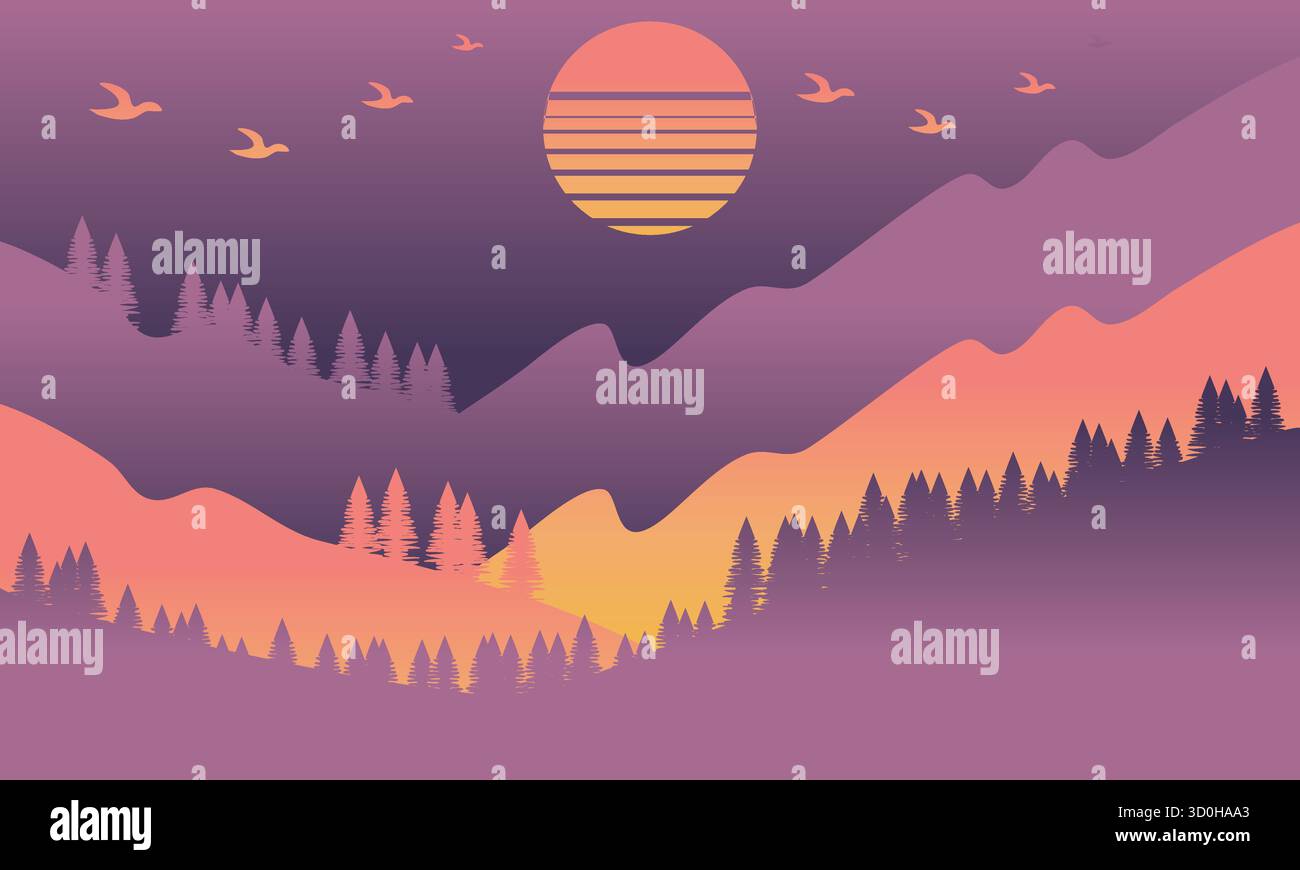 Tranquillo paesaggio al tramonto con sole splendente, montagne tranquille, cielo arancione e atmosfera tranquilla. Perfetto per poster, sfondi, viaggi Illustrazione Vettoriale