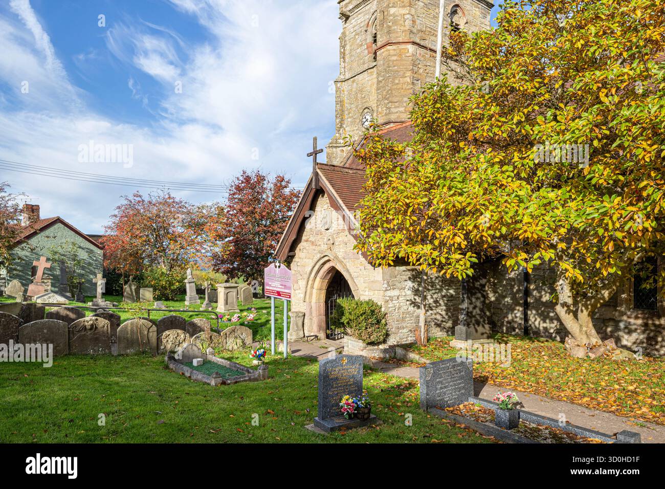 Vecchie lapidi che costeggiano il percorso per la Chiesa di San Giovanni Battista nel villaggio Forest of Dean di Ruardean, Gloucestershire, Inghilterra Regno Unito Foto Stock