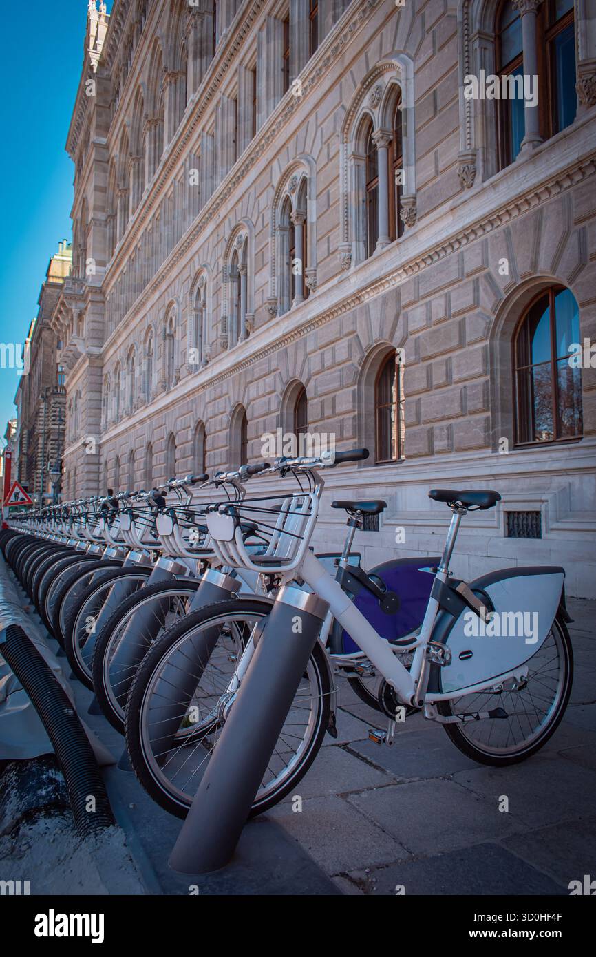 Una fila di biciclette ordinatamente allineate in una stazione di condivisione delle biciclette, adagiata sullo sfondo di un elegante edificio con finestre ad arco. Foto Stock