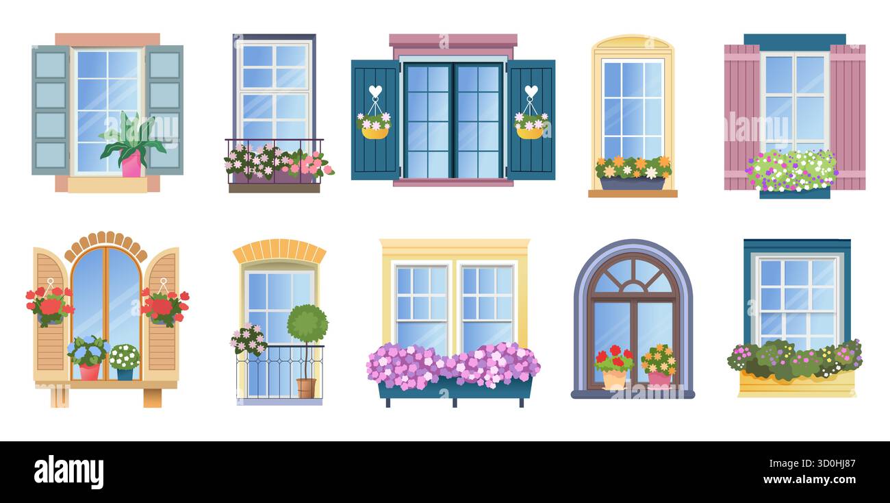 Finestra con balcone. Arco vintage in legno, fiori sulla vecchia casa. Chiuso, persiane aperte, vista sulla città, cornice francese con piante, elementi architettonici residenziali. Illustrazione isolata in stile cartoni animati vettoriali Illustrazione Vettoriale