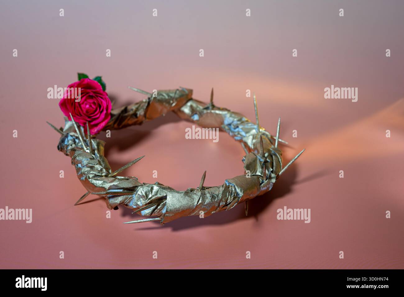 Corona dorata di spine e rosa rossa su sfondo rosa. Messa a fuoco selezionata Foto Stock