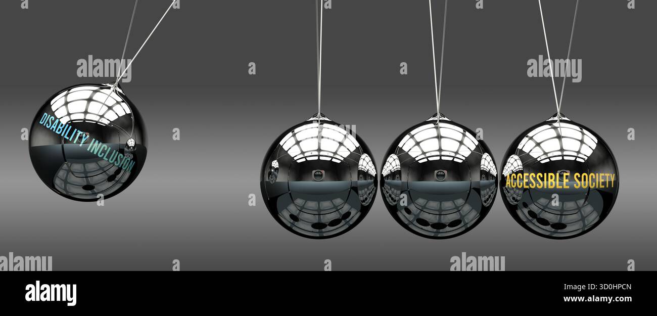 Inclusione della disabilità che porta alla società accessibile, trasmettendo potere ad essa. Relazione causa-effetto Foto Stock