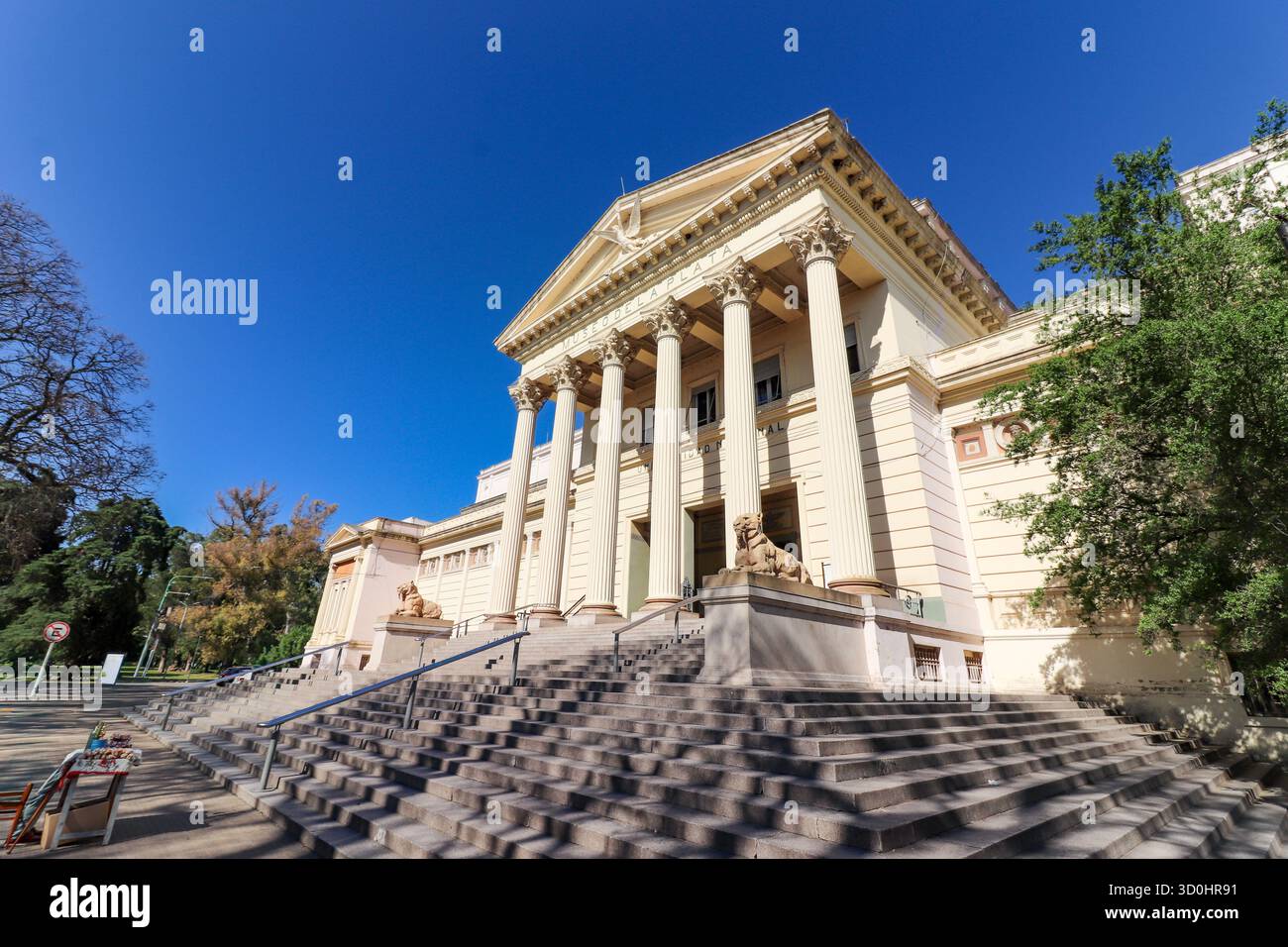 Magnifica vista del Museo di Scienze naturali di la Plata, Argentina. Scala frontale, colonne classiche, leoni di pietra e cielo blu profondo. Foto Stock