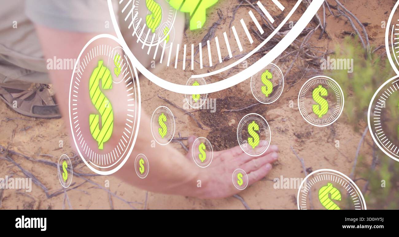 Inginocchiarsi in un luogo arido con pantaloncini da carico stivali e coperture con indicatori del dollaro Foto Stock