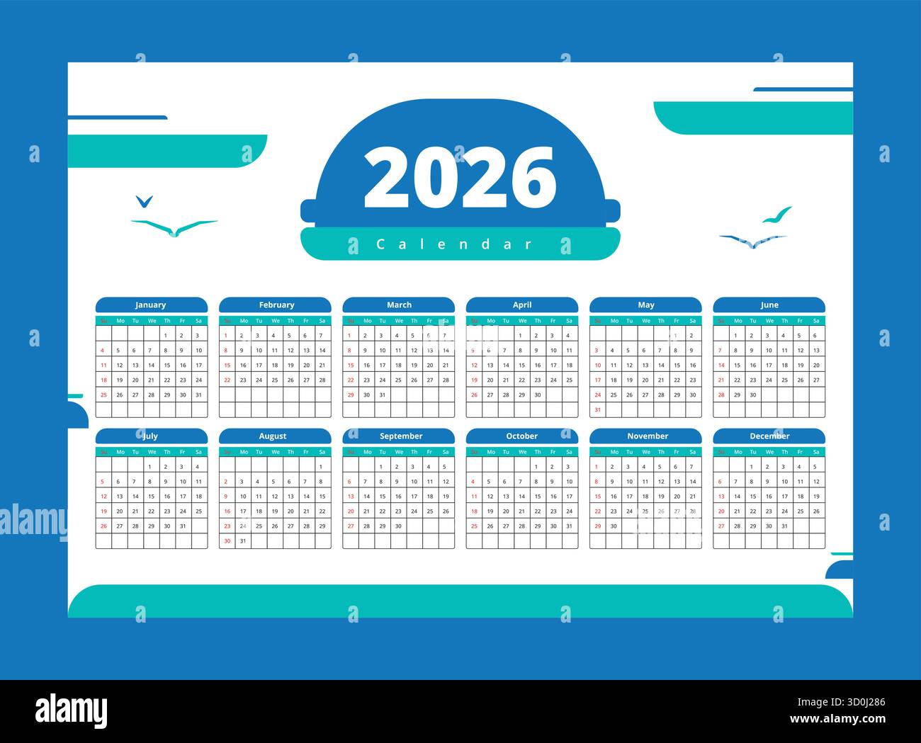 2026 modello vettoriale per calendario da parete in stile moderno blu e verde acqua, layout annuale pulito per l'ufficio, l'ufficio o la decorazione domestica Illustrazione Vettoriale