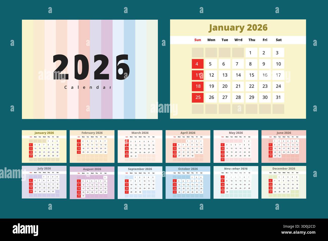 modello vettoriale per calendario da parete a colori pastello 2026 in un design moderno e minimale, layout annuale pulito per l'ufficio, l'ufficio o la decorazione domestica Illustrazione Vettoriale